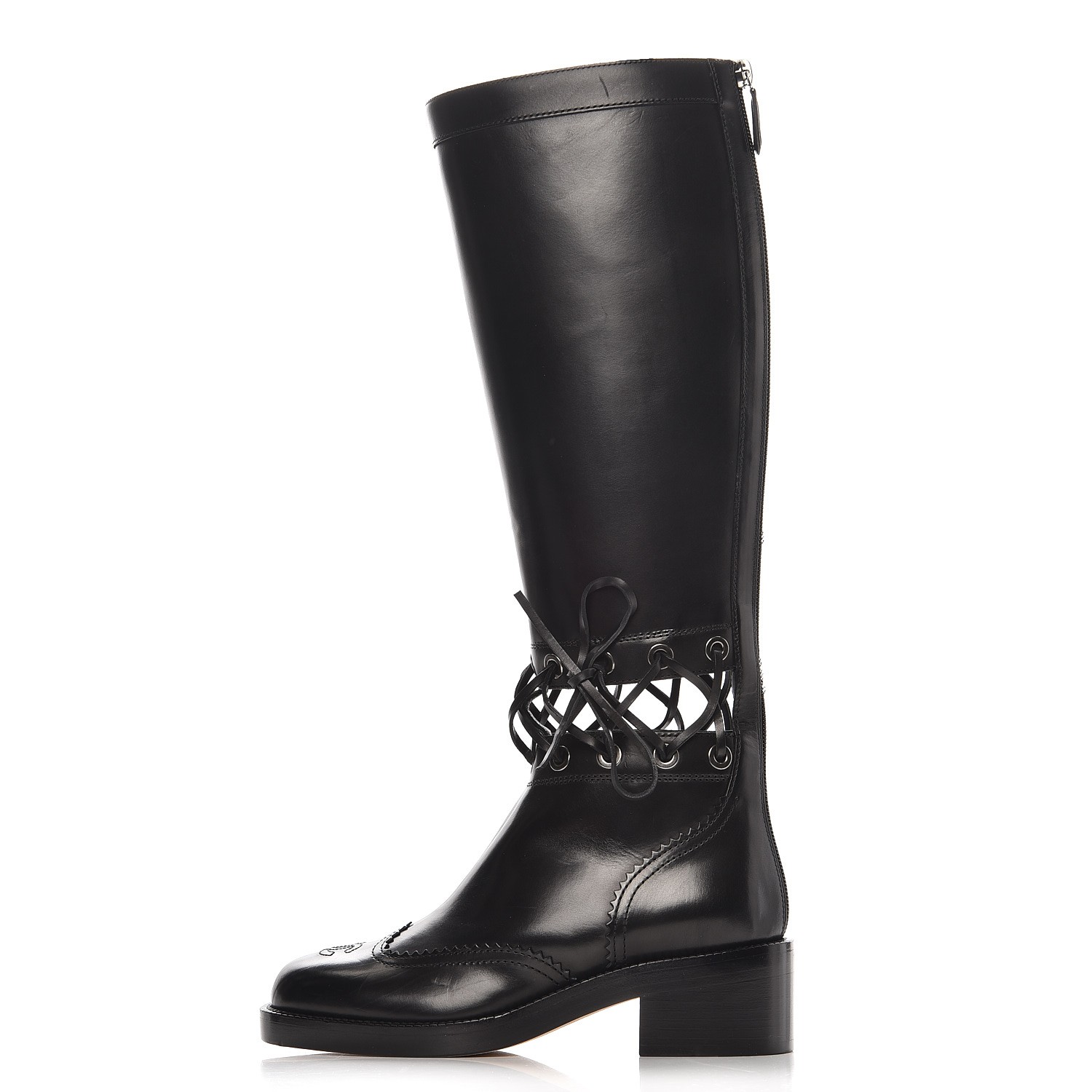 CHANEL Calfskin Lace Up Knee High Boots 36 Black 252639