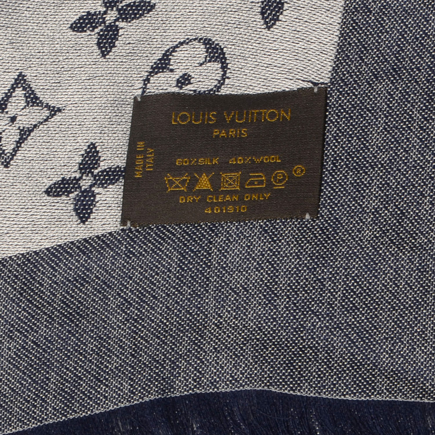 LOUIS VUITTON Silk Wool Monogram Denim Shawl Blue 68421