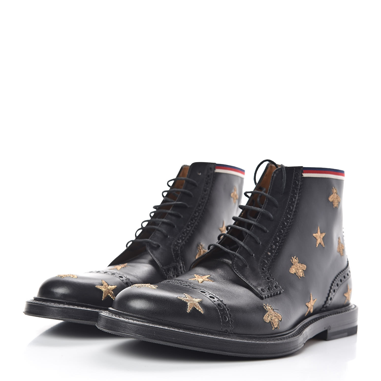 GUCCI Calfskin Embroidered Bee Star Mens Brogue Boots 7.5 Black 449658