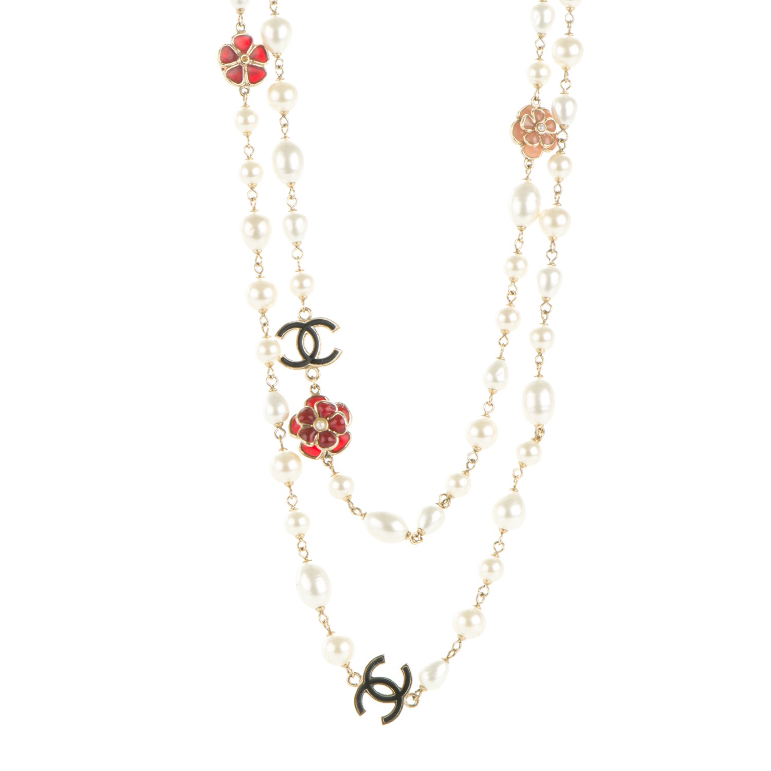 CHANEL Pearl Enamel CC Camellia Long Necklace Black Red Gold 178679