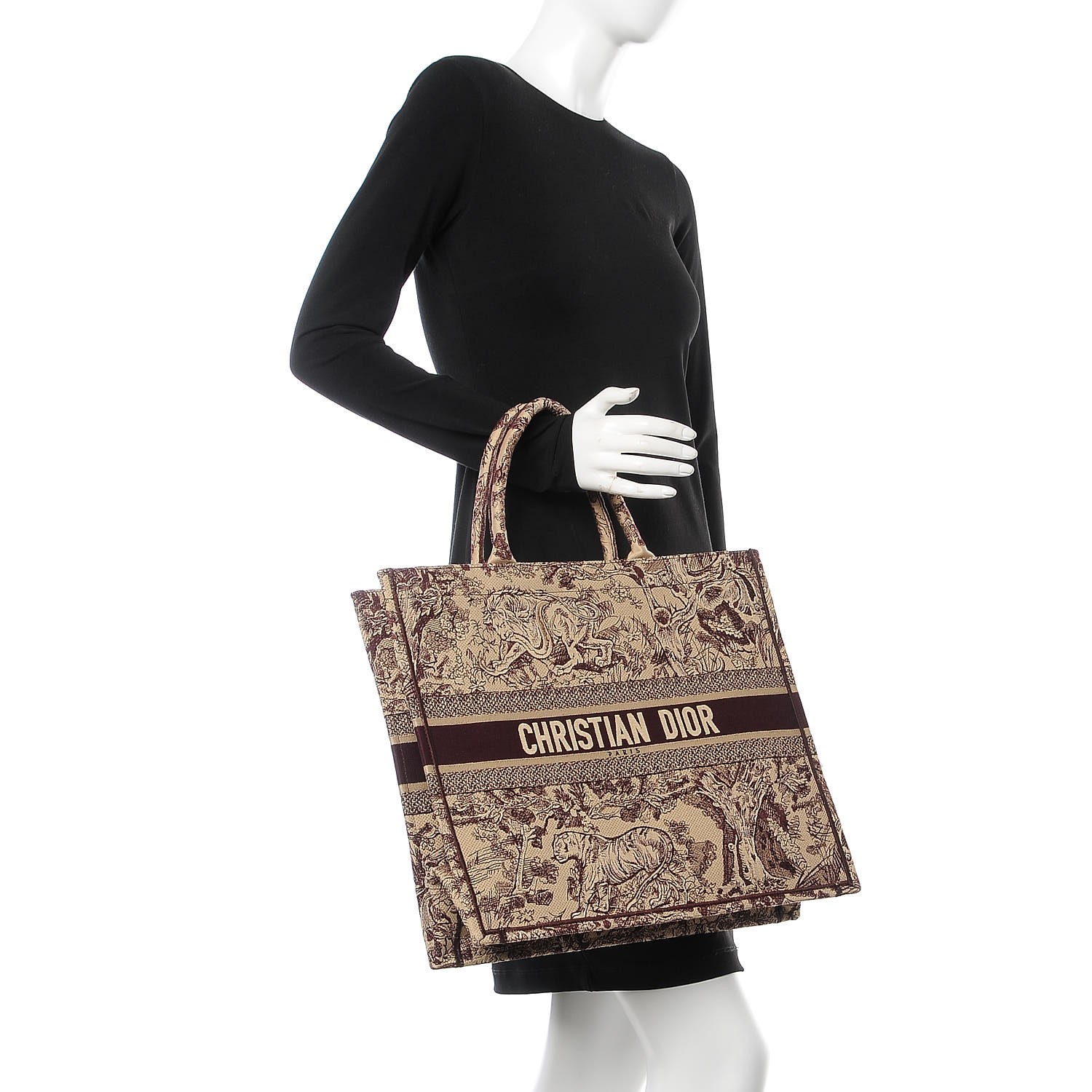CHRISTIAN DIOR Embroidered Toile De Jouy Canvas Book Tote Burgundy 312360