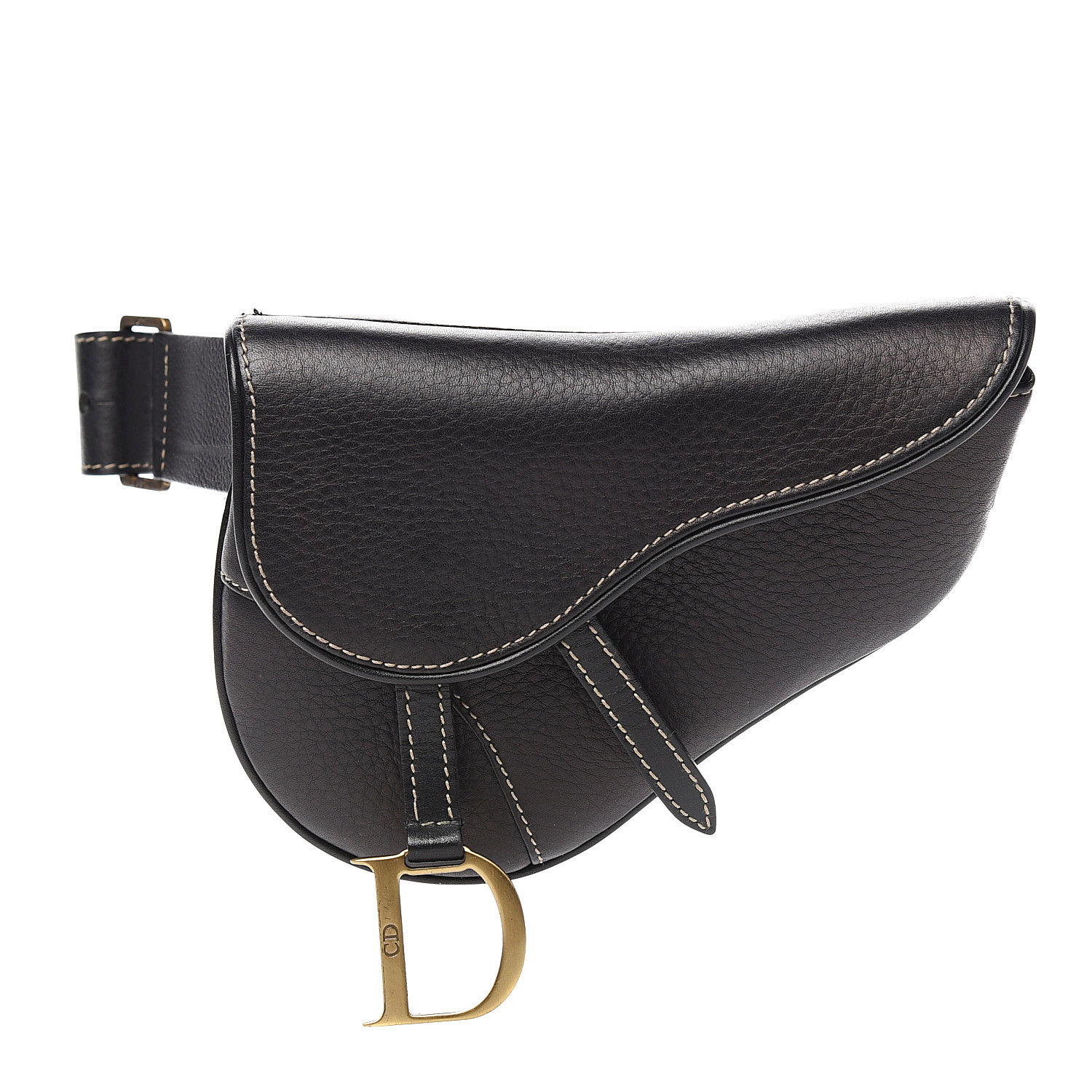 CHRISTIAN DIOR Grained Calfskin Saddle Belt Bag Black 535995