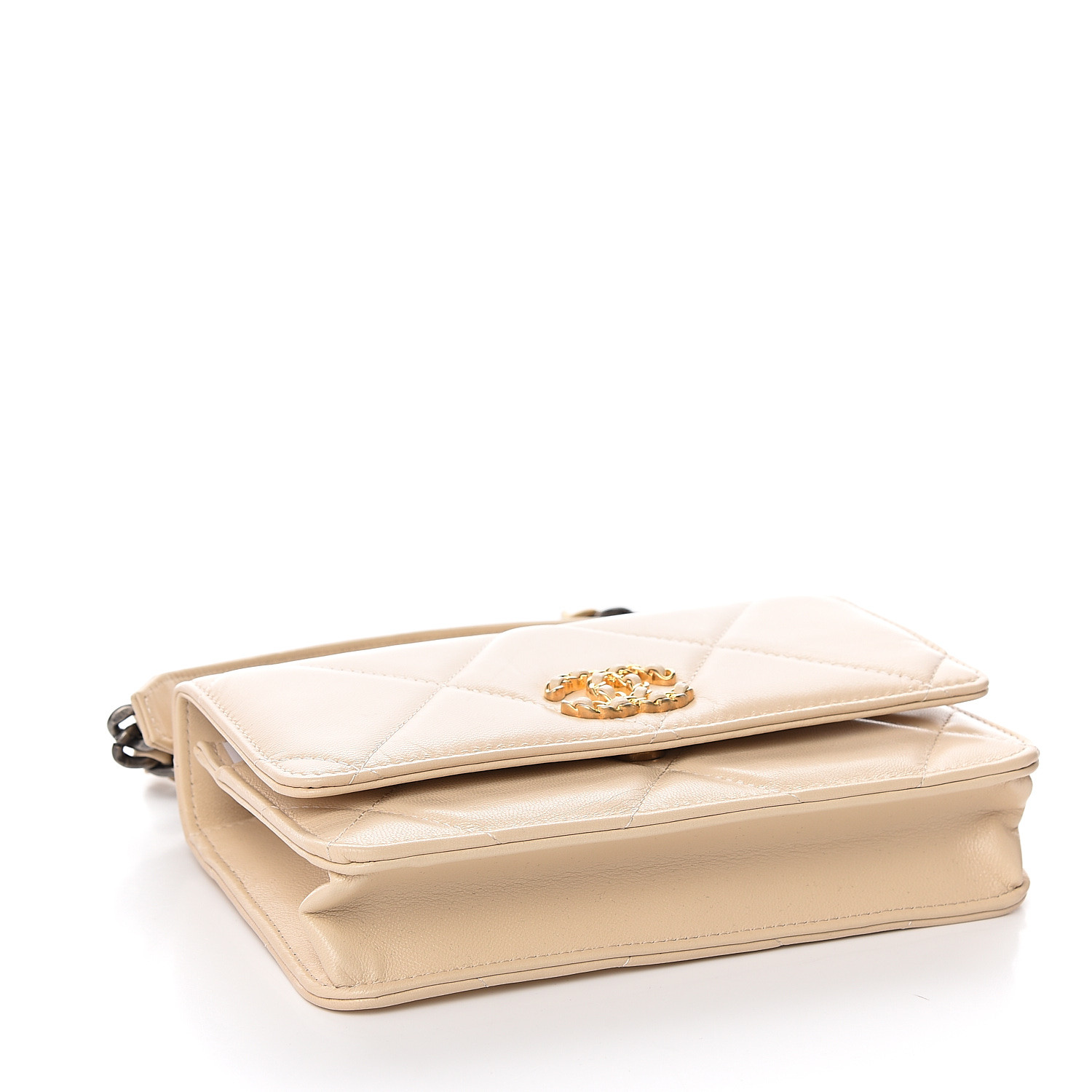 CHANEL Goatskin Quilted Chanel 19 Wallet On Chain WOC Beige 535903