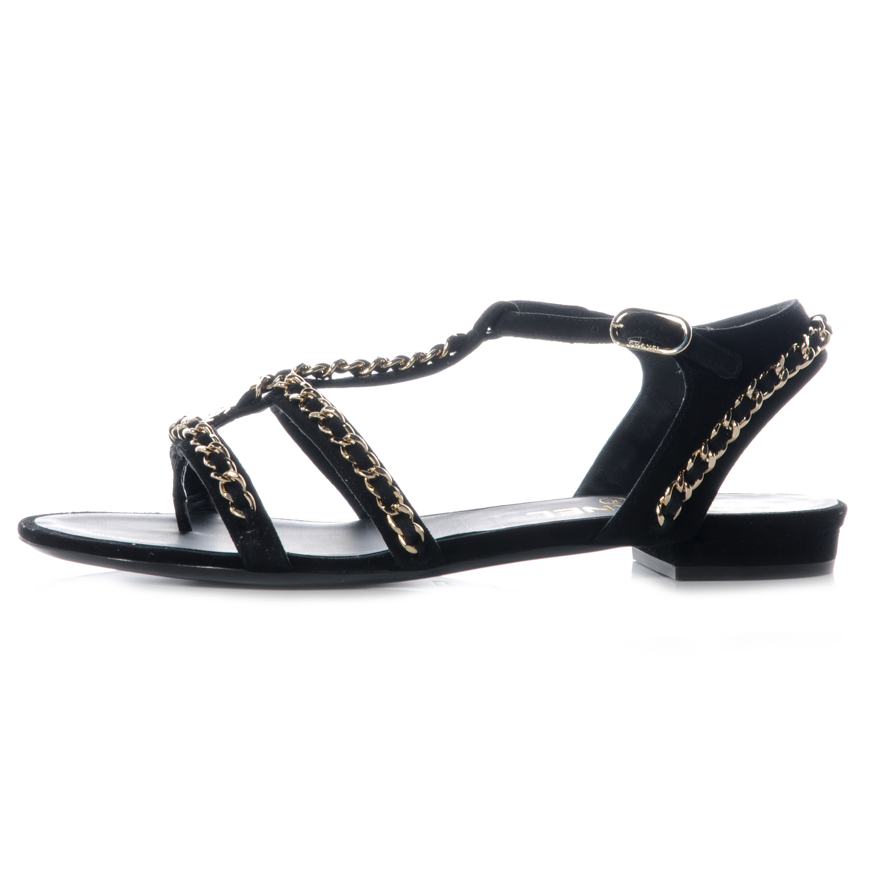 CHANEL Suede Gladiator Chain Sandals 38.5 Black 57988