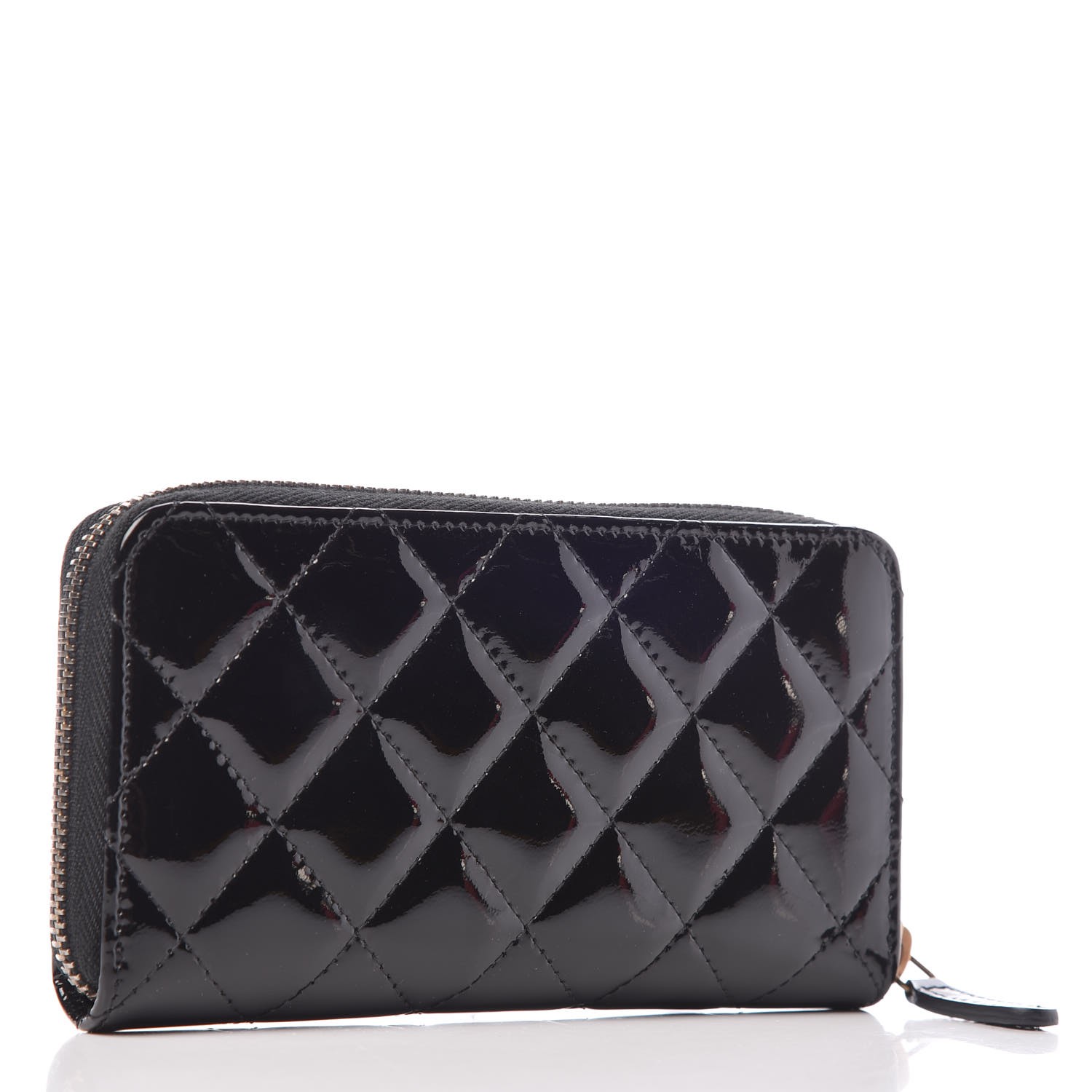 CHANEL Patent Quilted Small Zip Around Wallet Black 339329