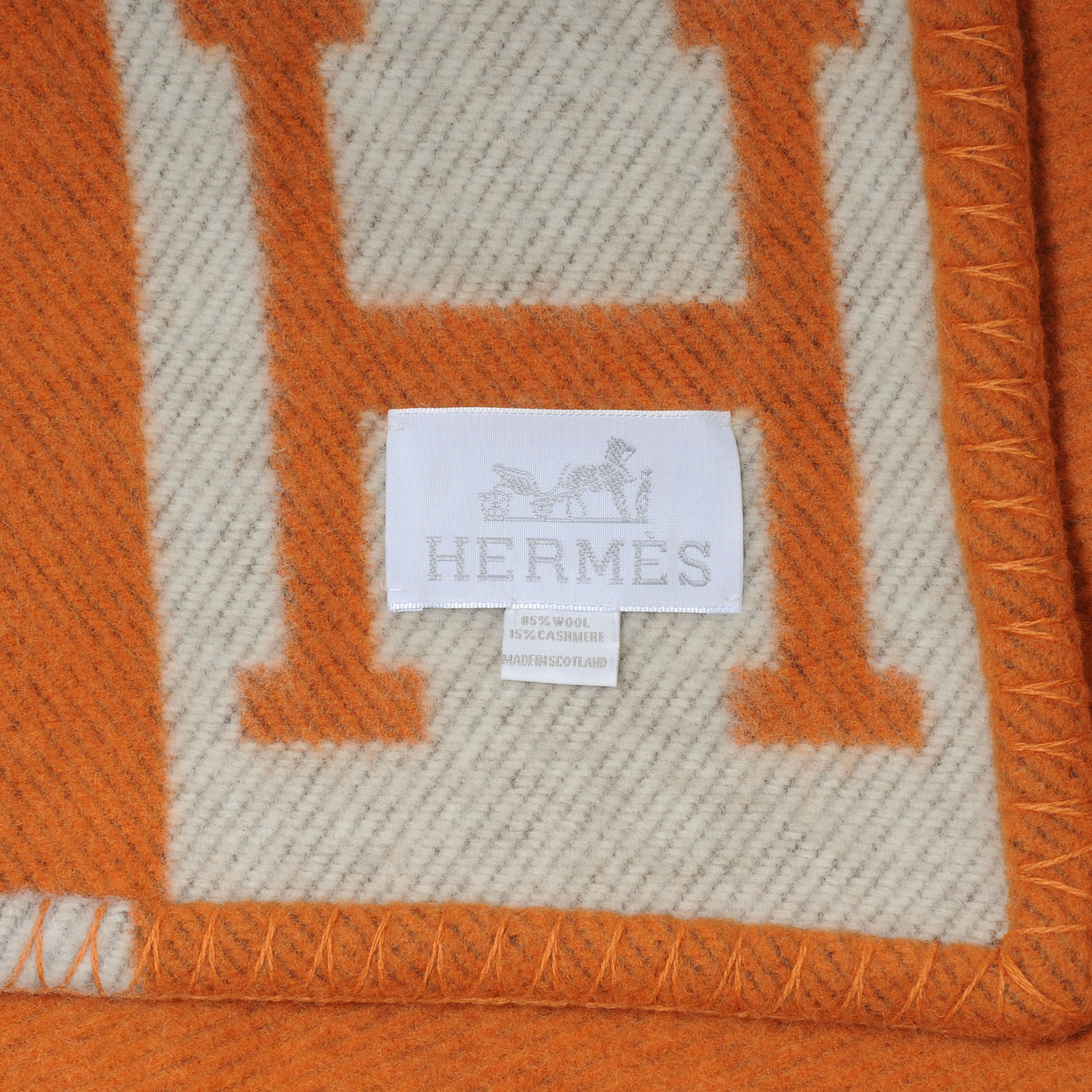 HERMES Wool Cashmere Signature Avalon Blanket Orange 49882 | FASHIONPHILE