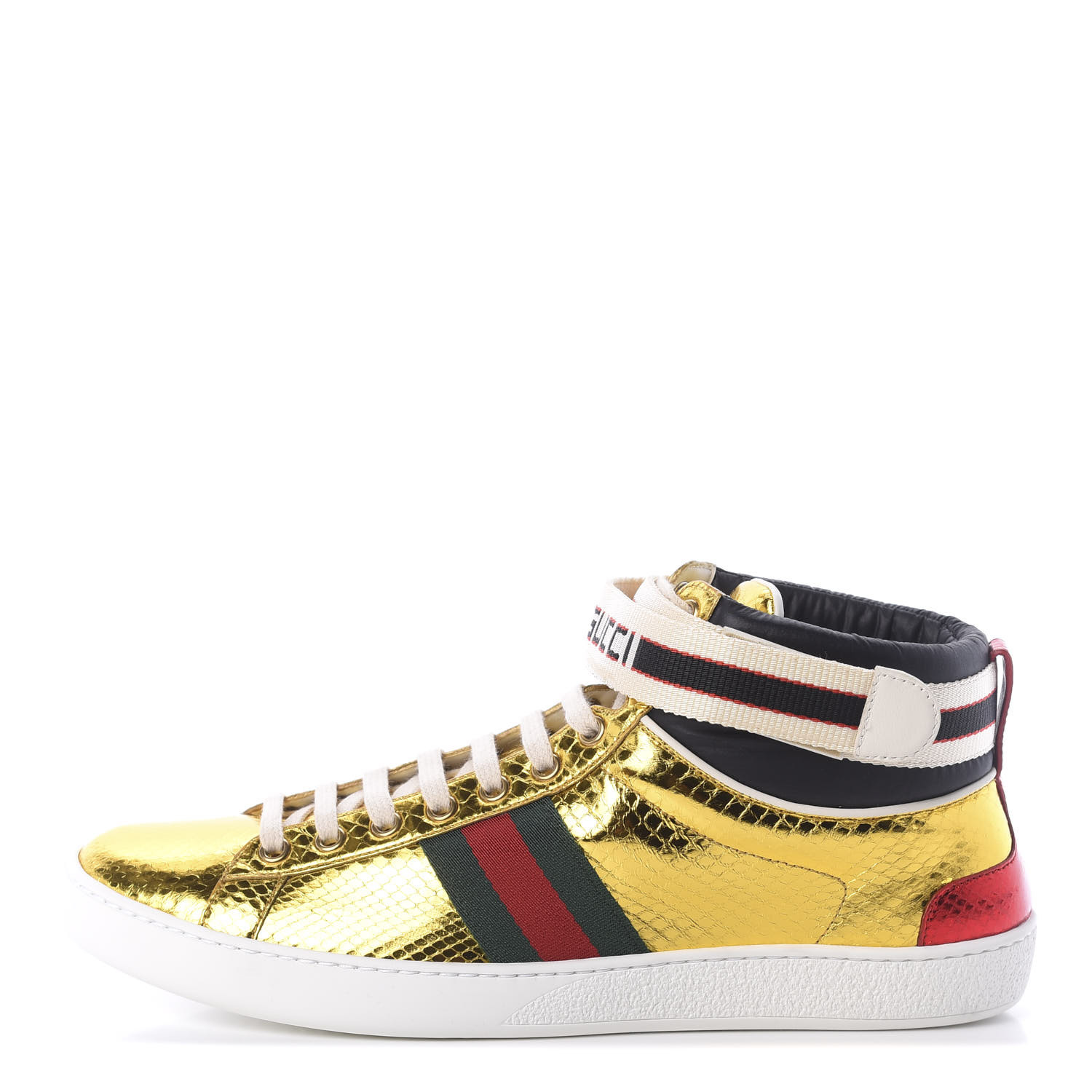 GUCCI Metallic Snakeskin Womens New Ace High Top Sneakers 41.5 Oro 614154