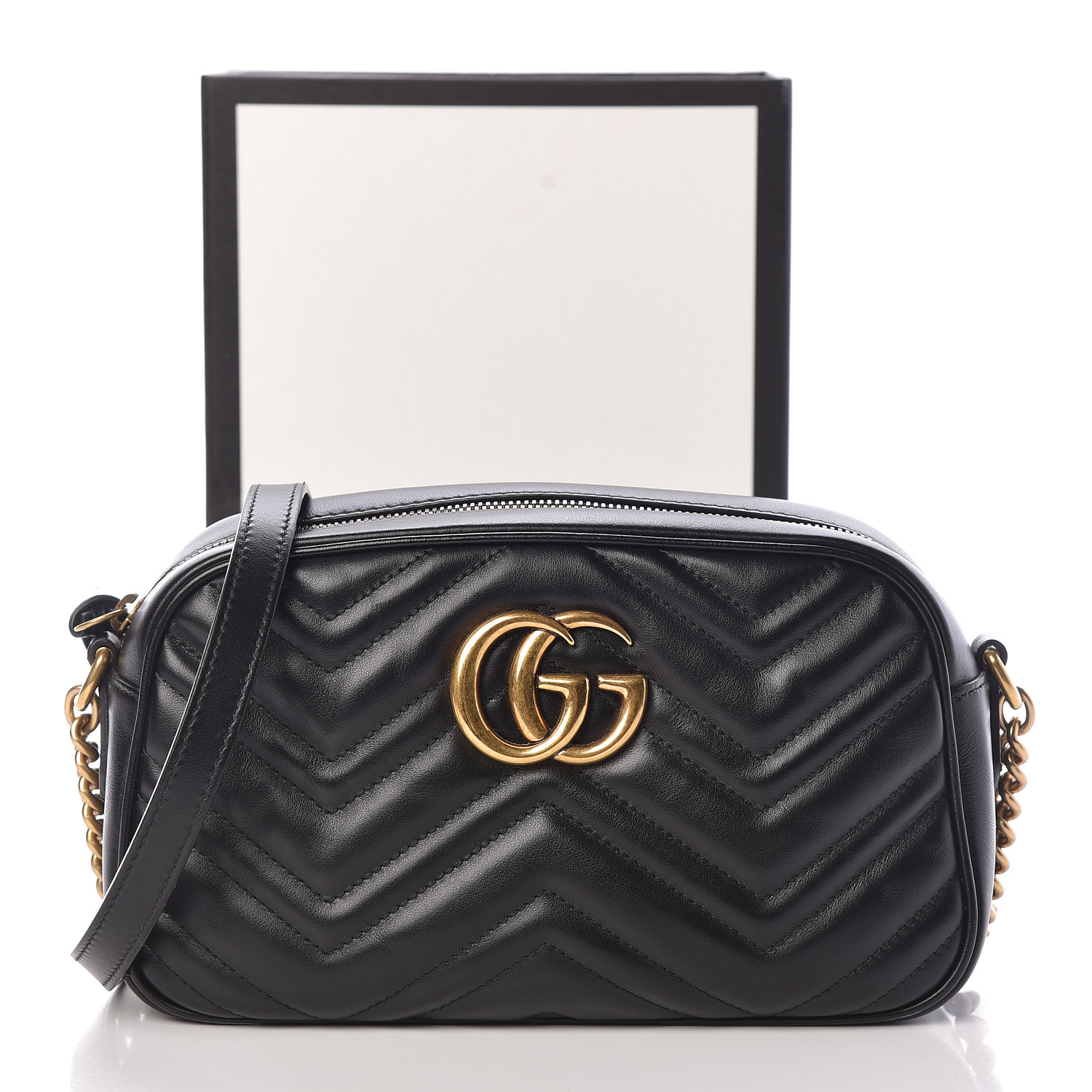 GUCCI Calfskin Matelasse Small GG Marmont Chain Shoulder Bag Black 472942