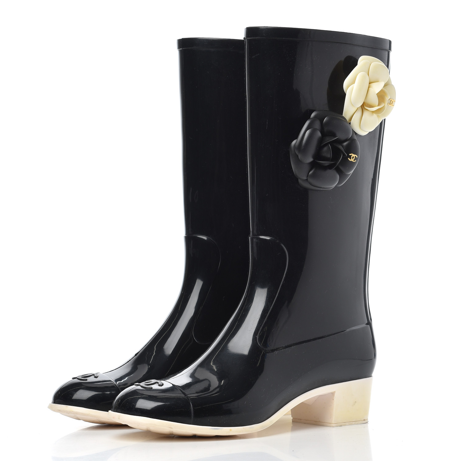 CHANEL Rubber Camellia Rain Boots 39 Black 763790 FASHIONPHILE