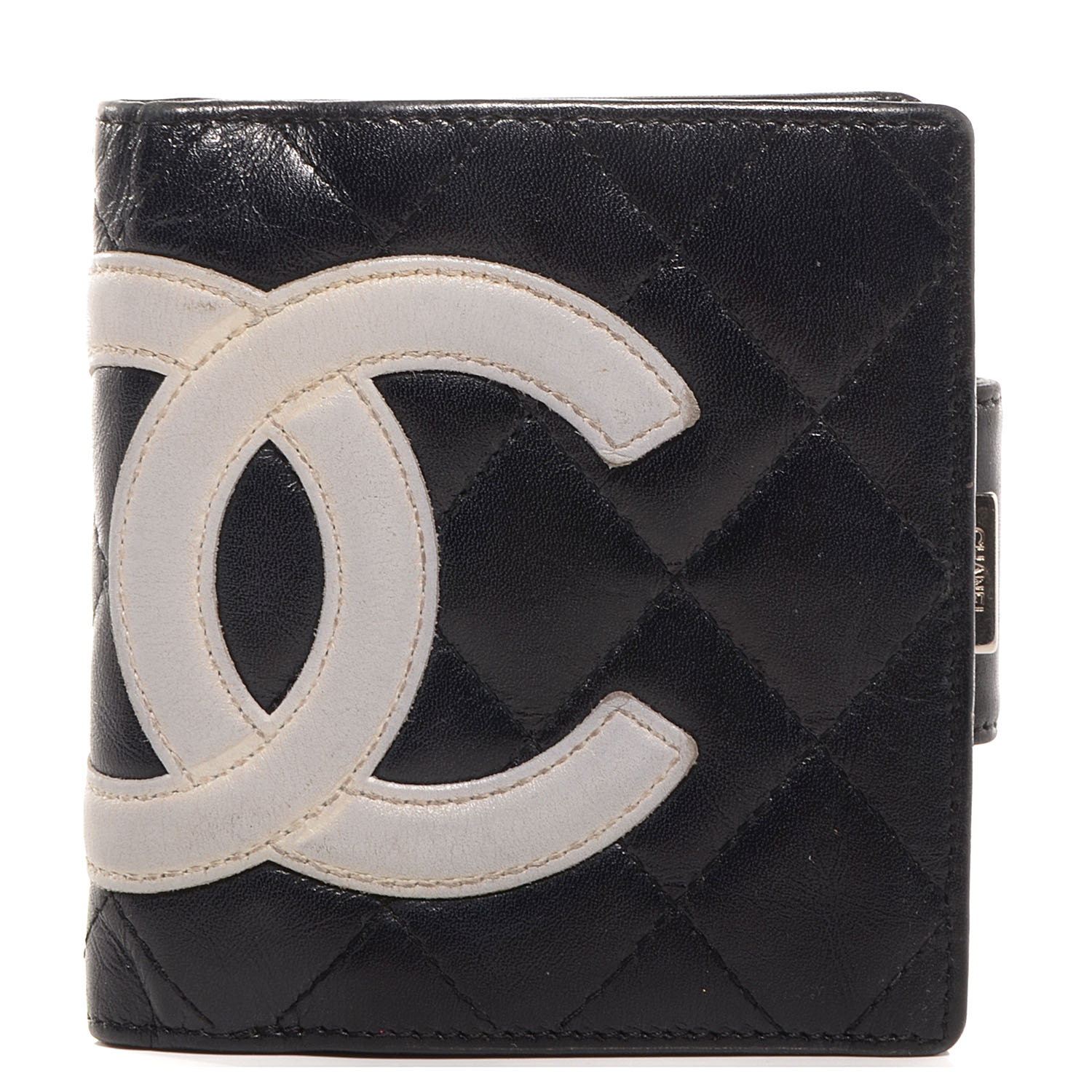 CHANEL Calfskin Quilted Cambon Bi-fold Wallet Black White 75650