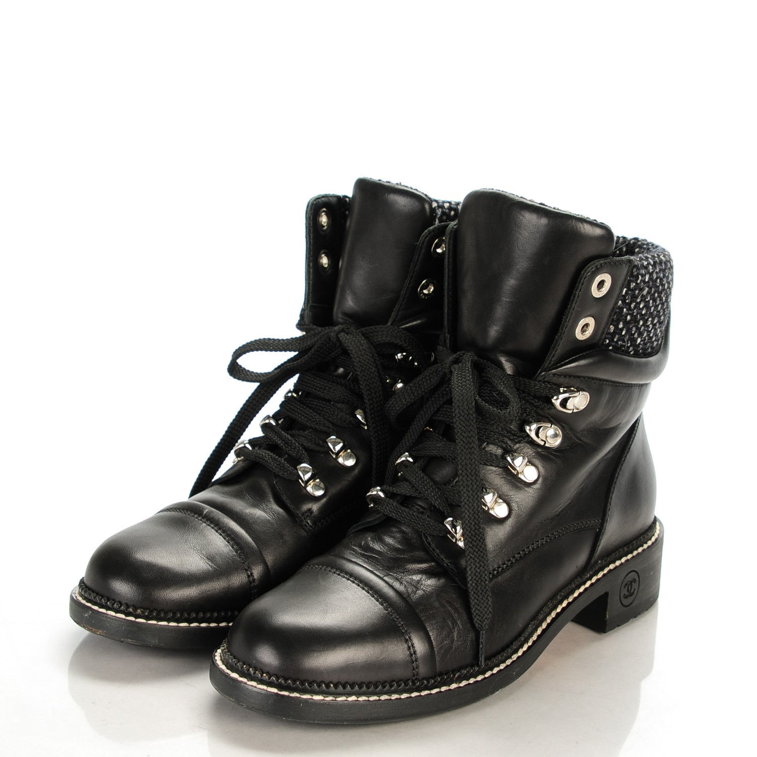 CHANEL Calfskin Wool Combat Boots 39 Black 137881
