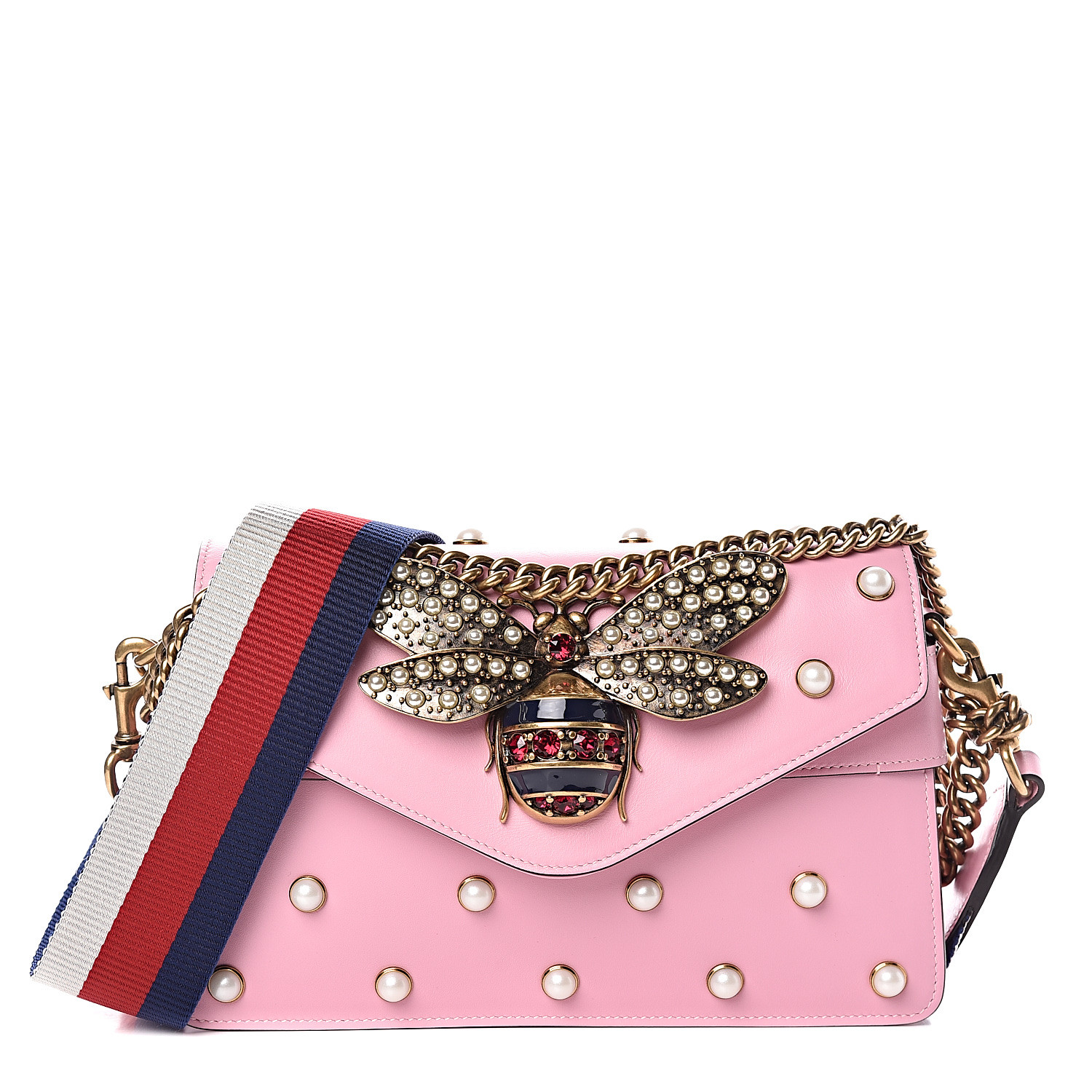 GUCCI Calfskin Pearl Studded Mini Broadway Bee Shoulder Bag Light Pink 494037
