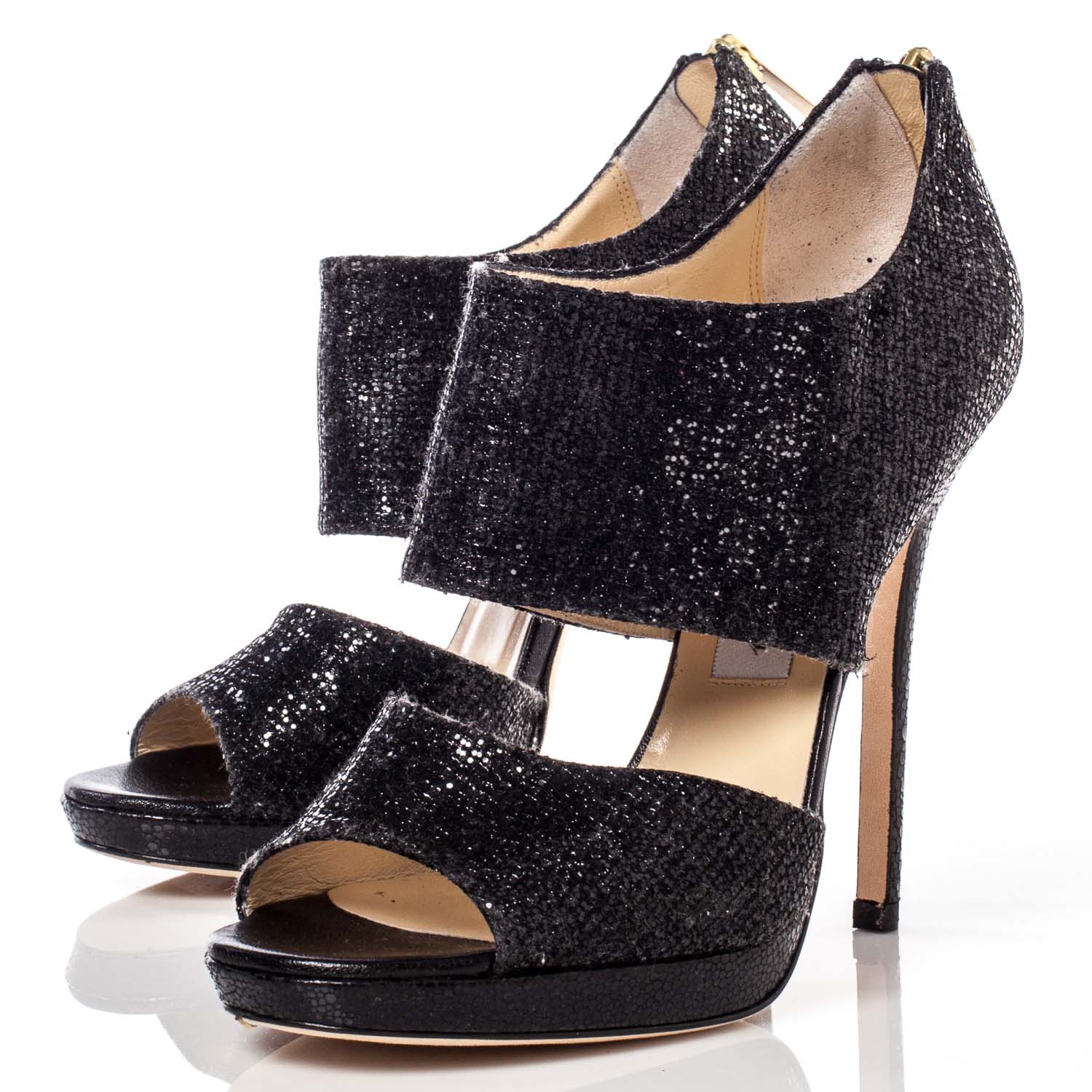 JIMMY CHOO Glitter Fabric Private Sandals Heels 37.5 Black 36607