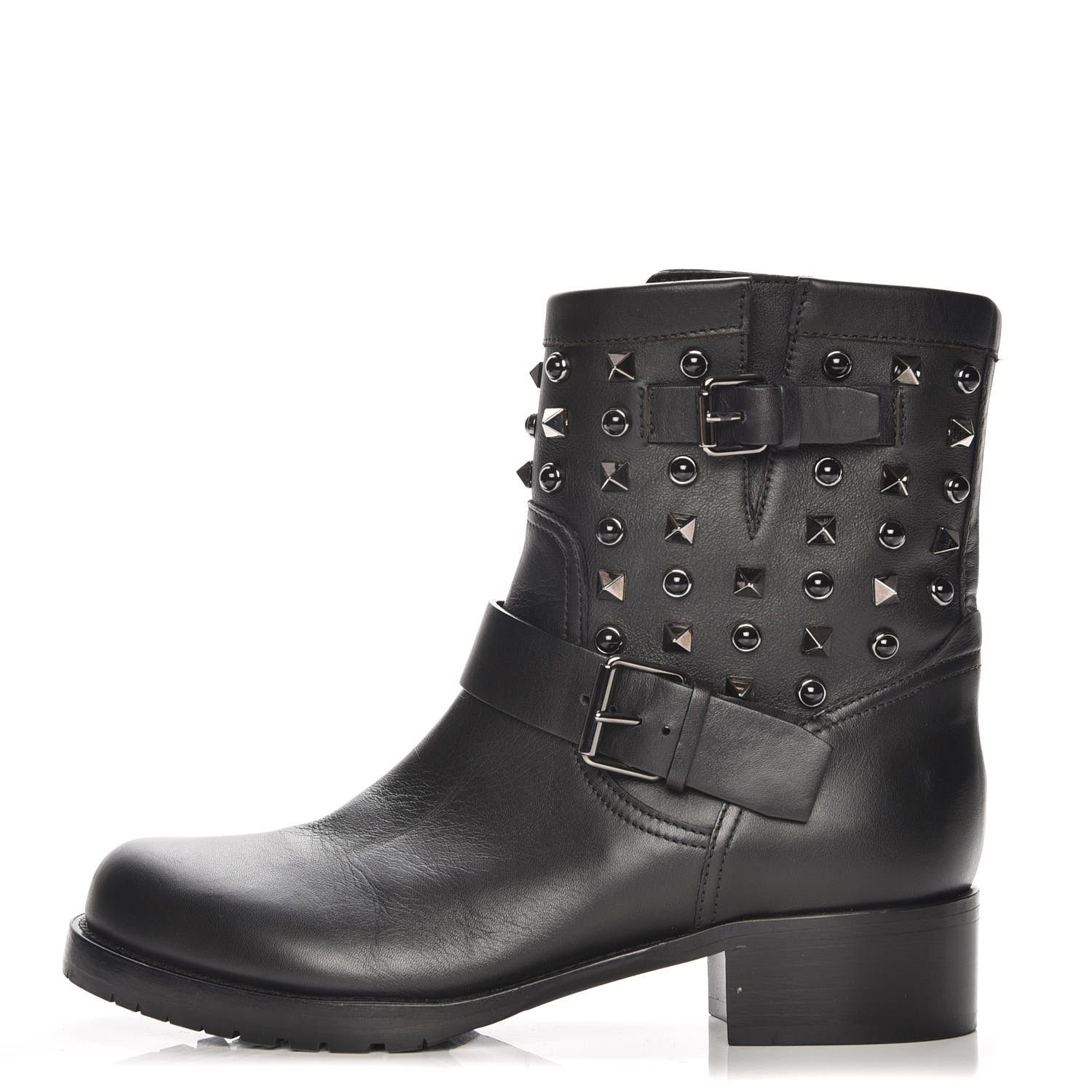 VALENTINO Calfskin Rolling Rockstud Biker Boots 37.5 Black 216904