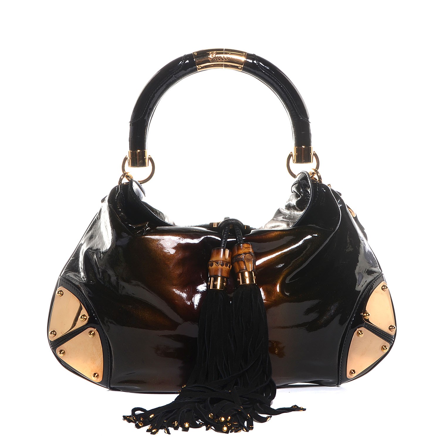 GUCCI Patent Leather Medium Indy Top Handle Bag Bronze Black 94088