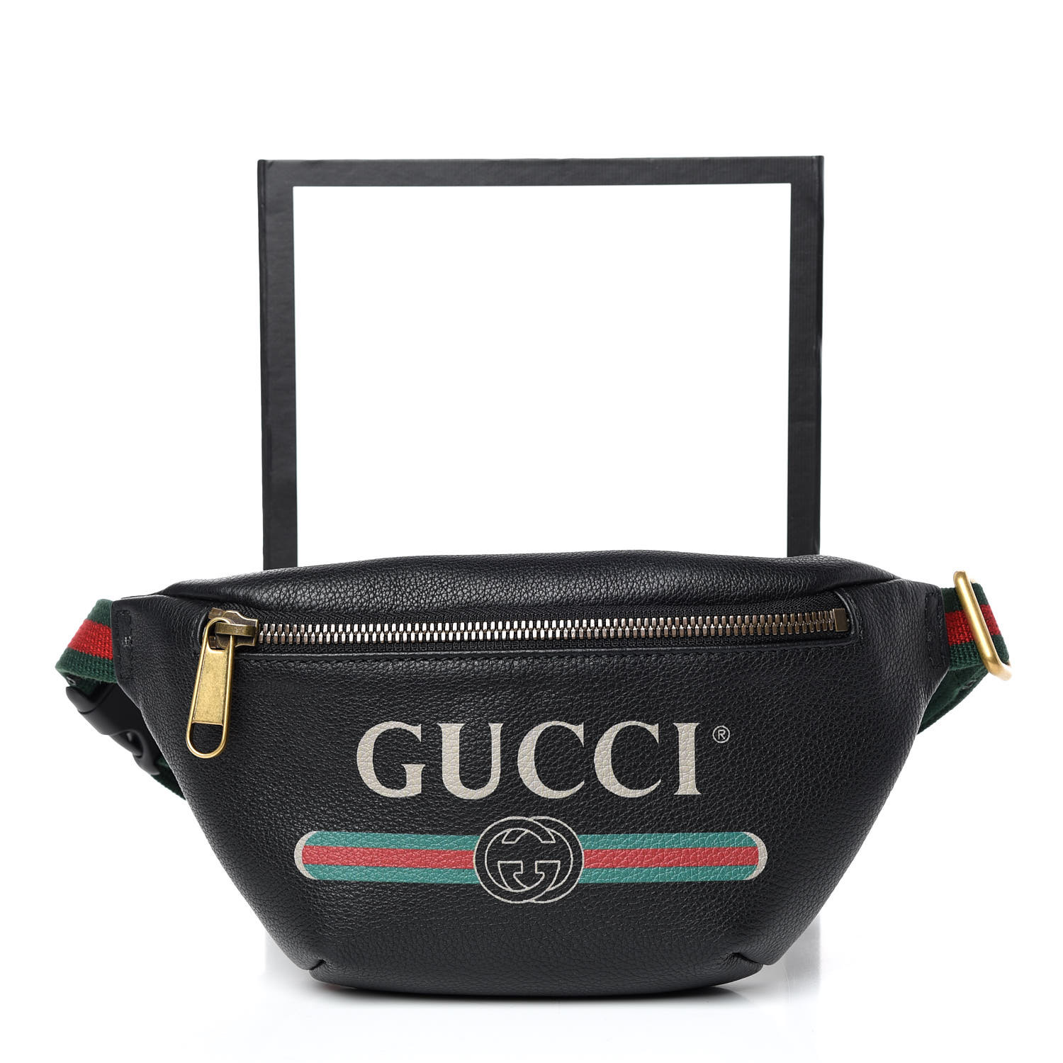 gucci print small belt bag review GUCCI Grained Calfskin Small Gucci Print Belt Bag Black 382952