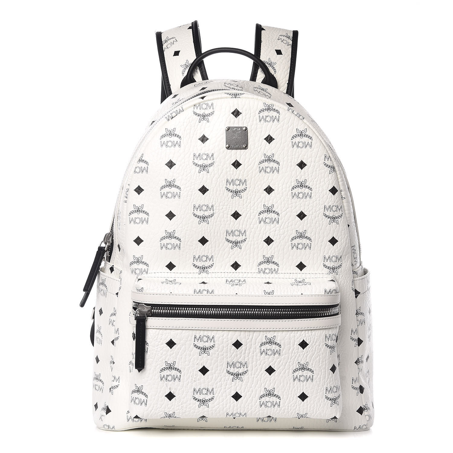 white mcm bag with patches