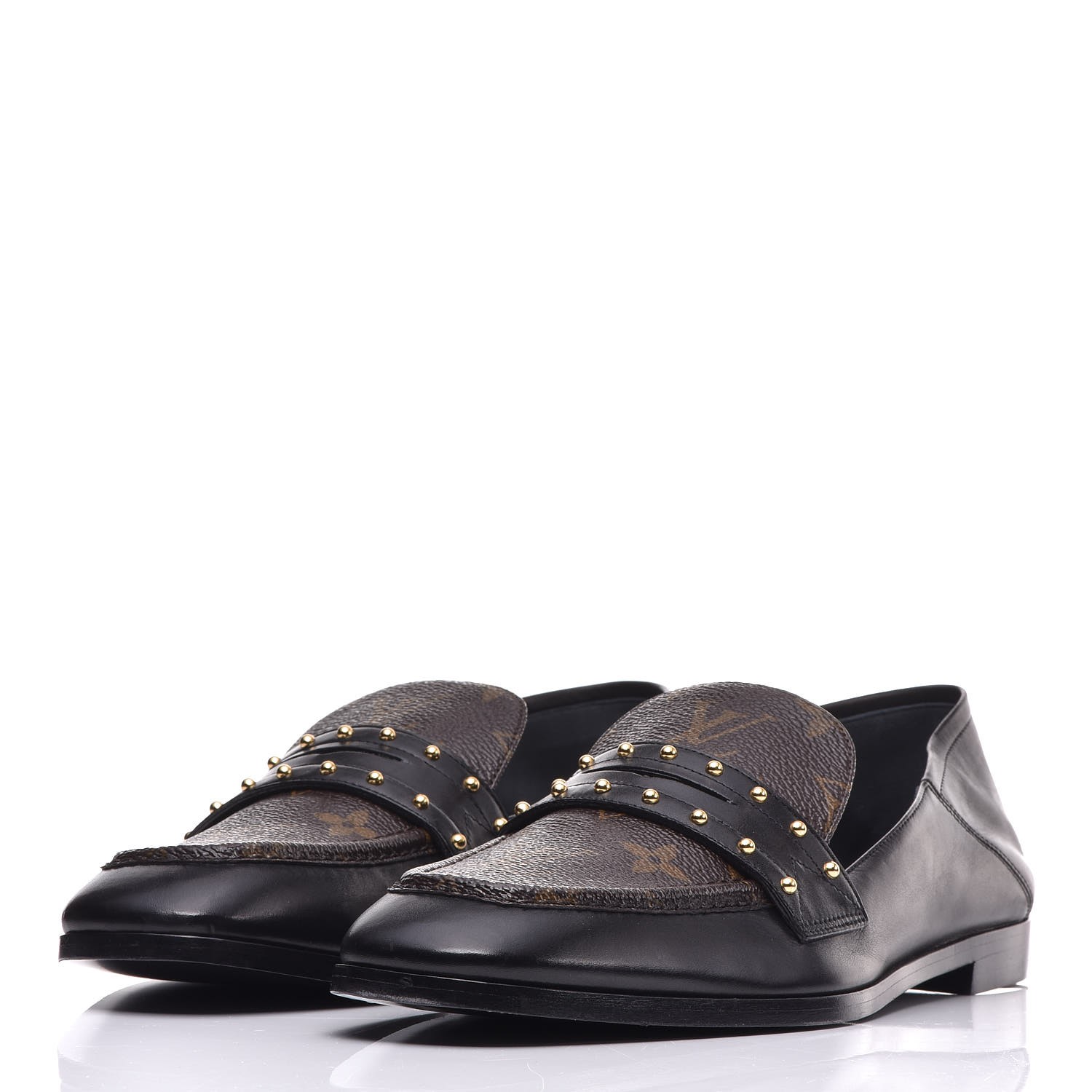 LOUIS VUITTON Monogram Womens Studded Loafers 39 Black 347525