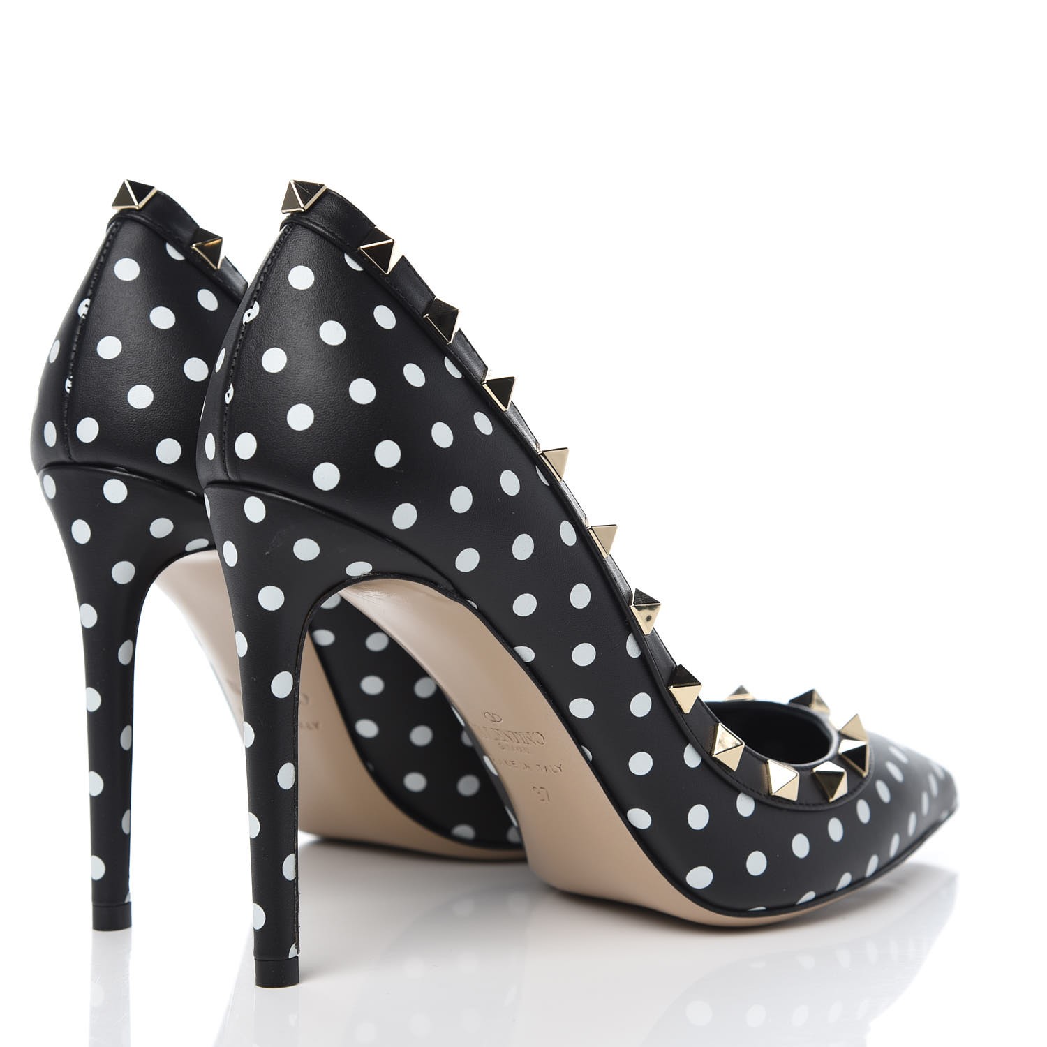 VALENTINO Polka Dot Print Calfskin Rockstud 100 Pumps 37 Black White ...