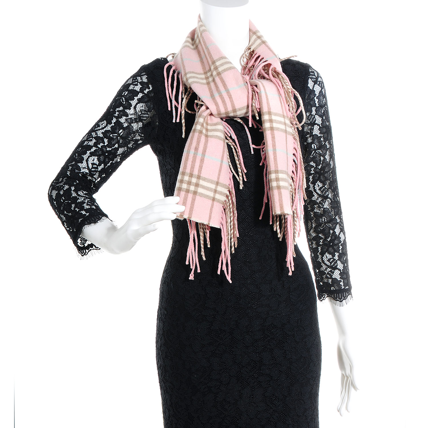 Cashmere Check Happy Fringe Scarf Pink 