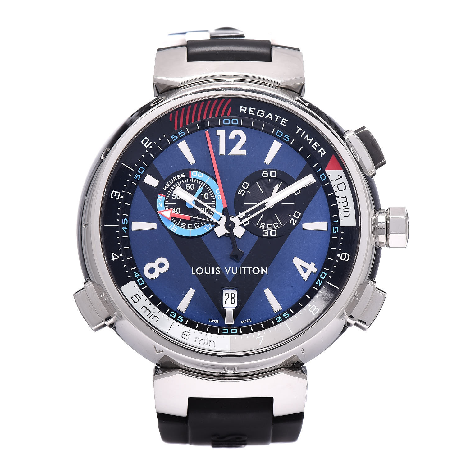 LOUIS VUITTON Stainless Steel Rubber 44mm Tambour Regatta Navy Quartz Watch Blue Noir LV 448703