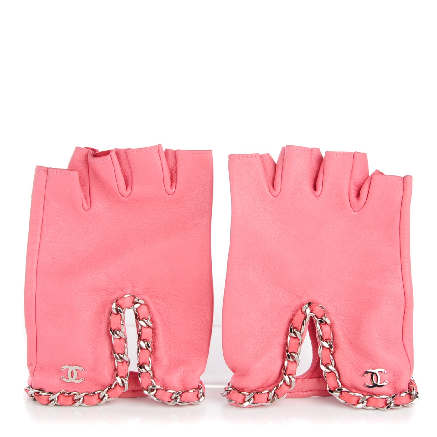 CHANEL Lambskin Chain CC Fingerless Gloves 7.5 Pink 130915 | FASHIONPHILE