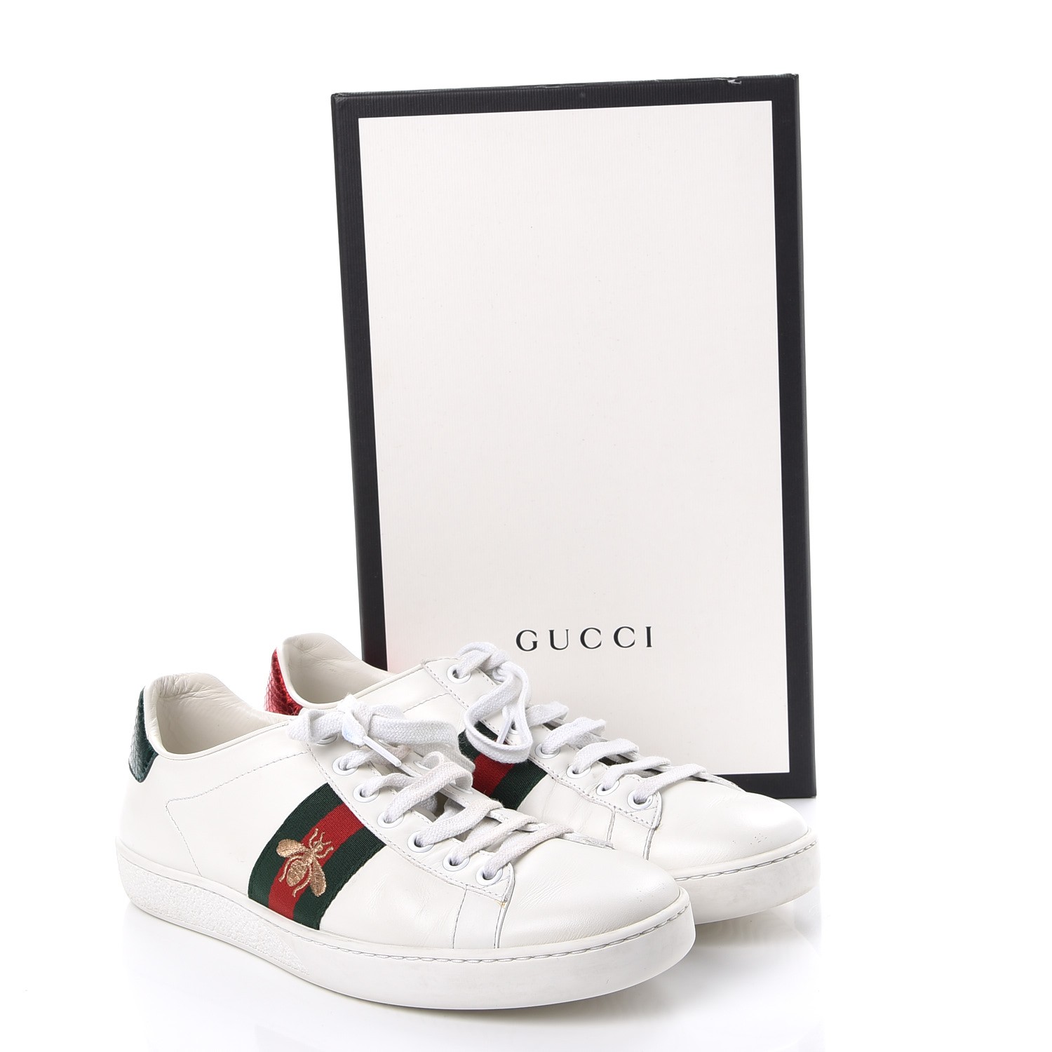 GUCCI Ayers Embroidered Ace Bee Star Sneakers 37.5 White Green 251075 ...
