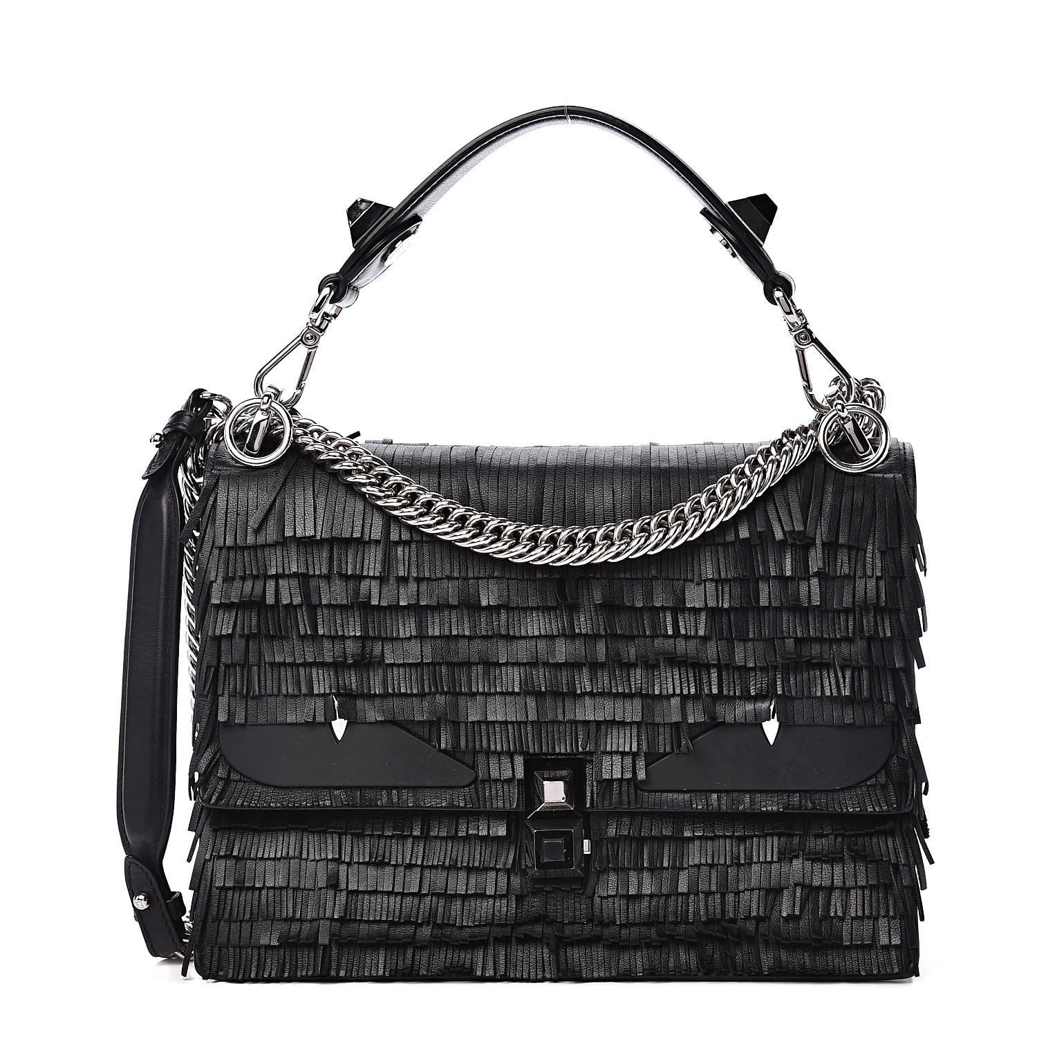 FENDI Smooth Calfskin Fringe Studded Monster Kan I Shoulder Bag Black ...