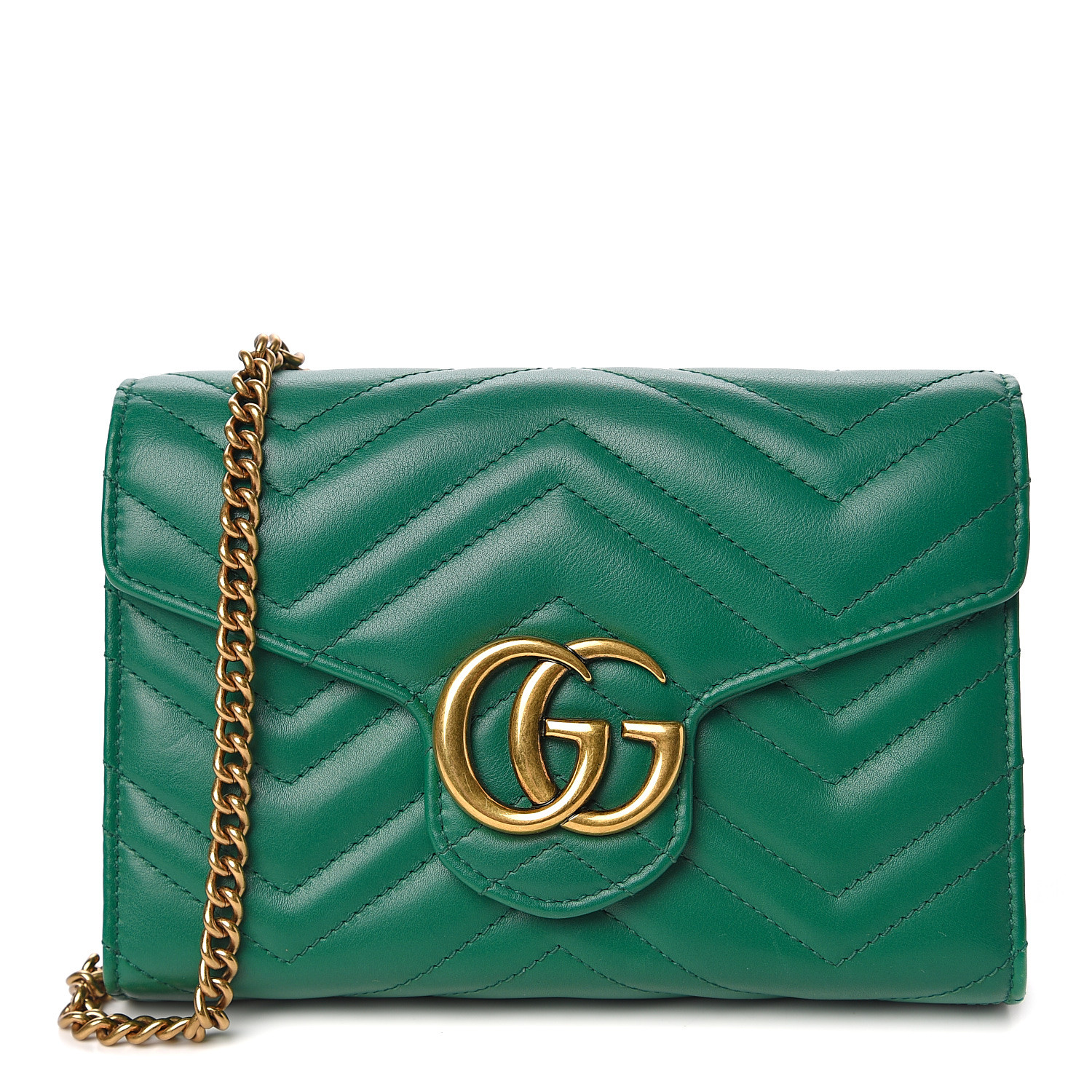 GUCCI Calfskin Matelasse GG Marmont Chain Wallet Emerald Green 537506
