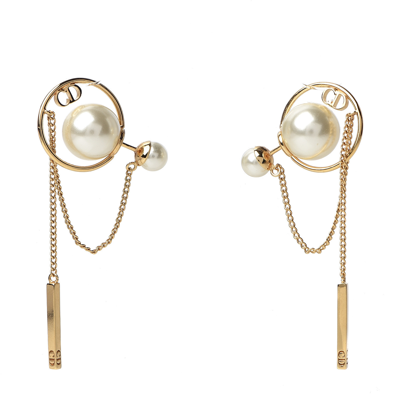 CHRISTIAN DIOR Pearl Tribales Dangle Chain Earrings Gold 539247