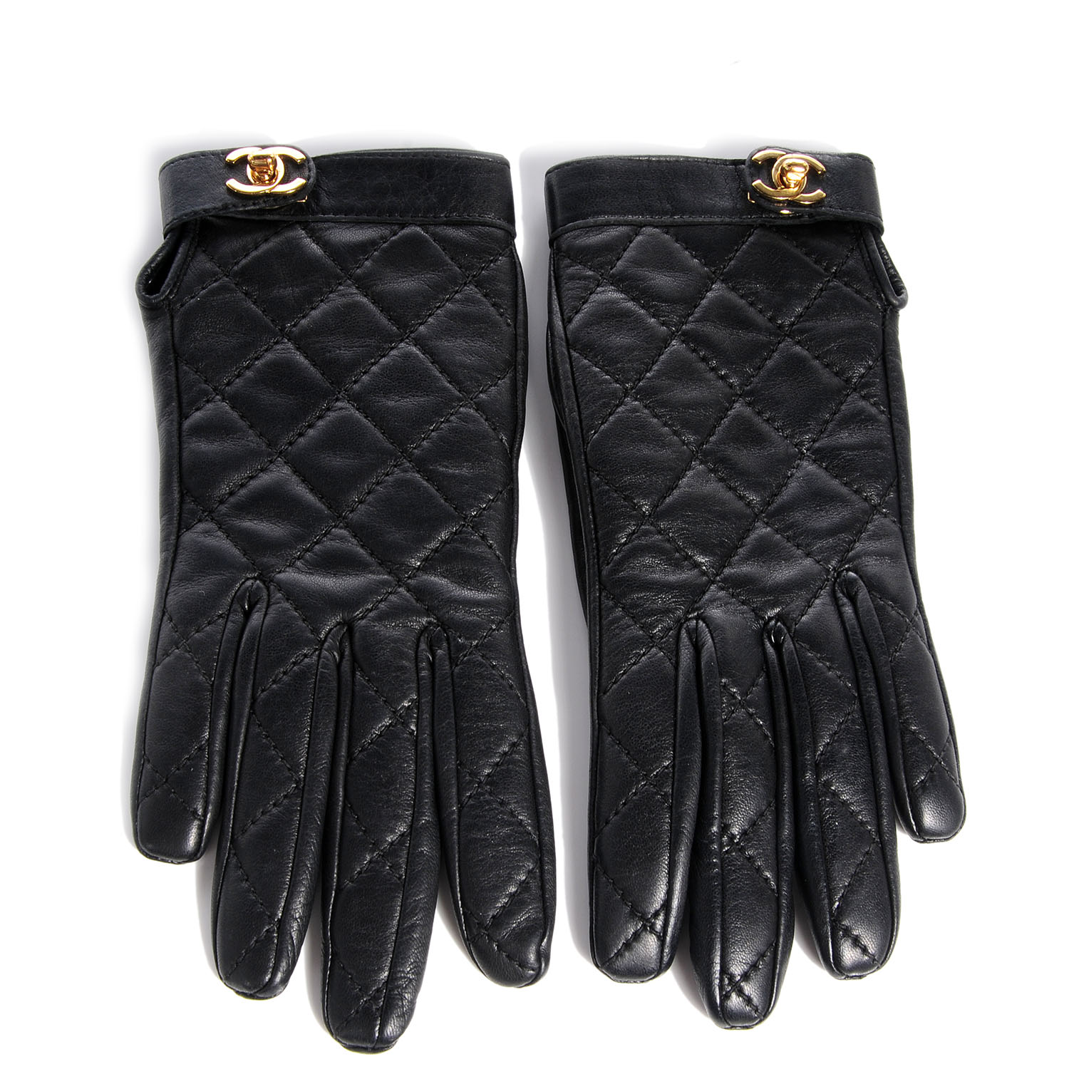 CHANEL Lambskin Quilted Gloves Black 6.5 70702