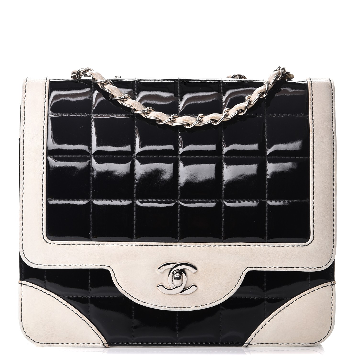 CHANEL Patent Square Quilted Flap White Black 229285