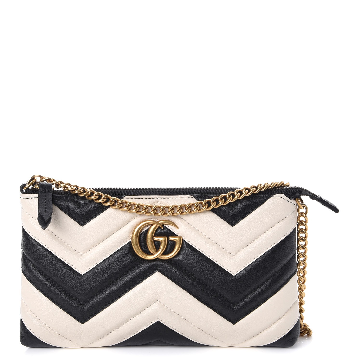 GUCCI Calfskin Matelasse Mini GG Marmont Chain Bag Black White 249289