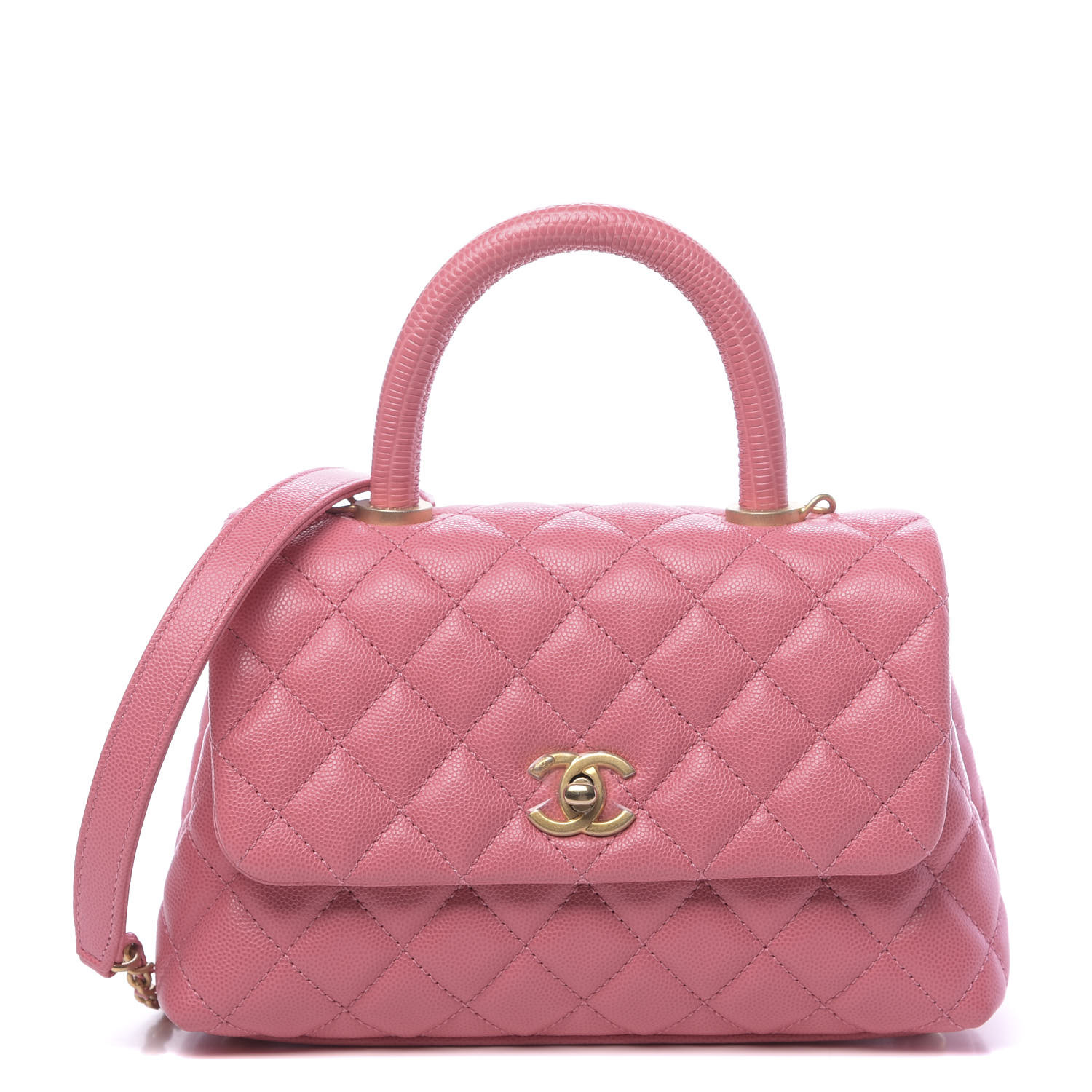 CHANEL Caviar Lizard Embossed Quilted Mini Coco Handle Flap Pink 666302 ...