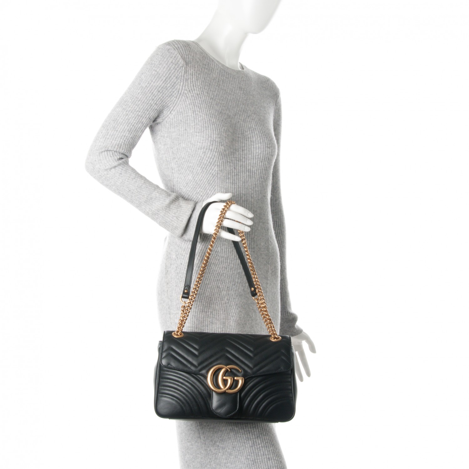 GUCCI Calfskin Medium GG Marmont Matelasse Shoulder Bag Black 174432