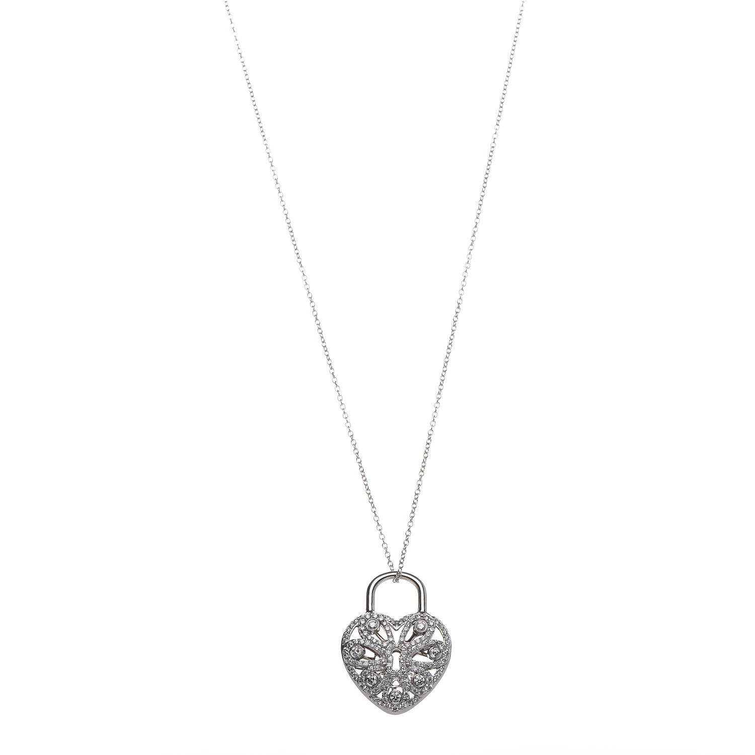 TIFFANY 18K White Gold Diamond Filigree Heart Pendant Necklace 432795
