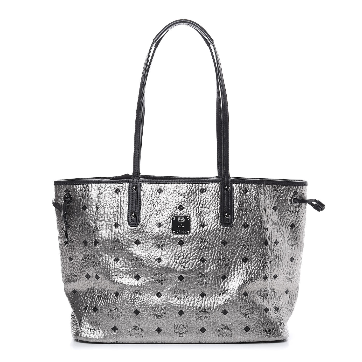 MCM Metallic Visetos Medium Reversible Shopper Tote Silver Black 434712