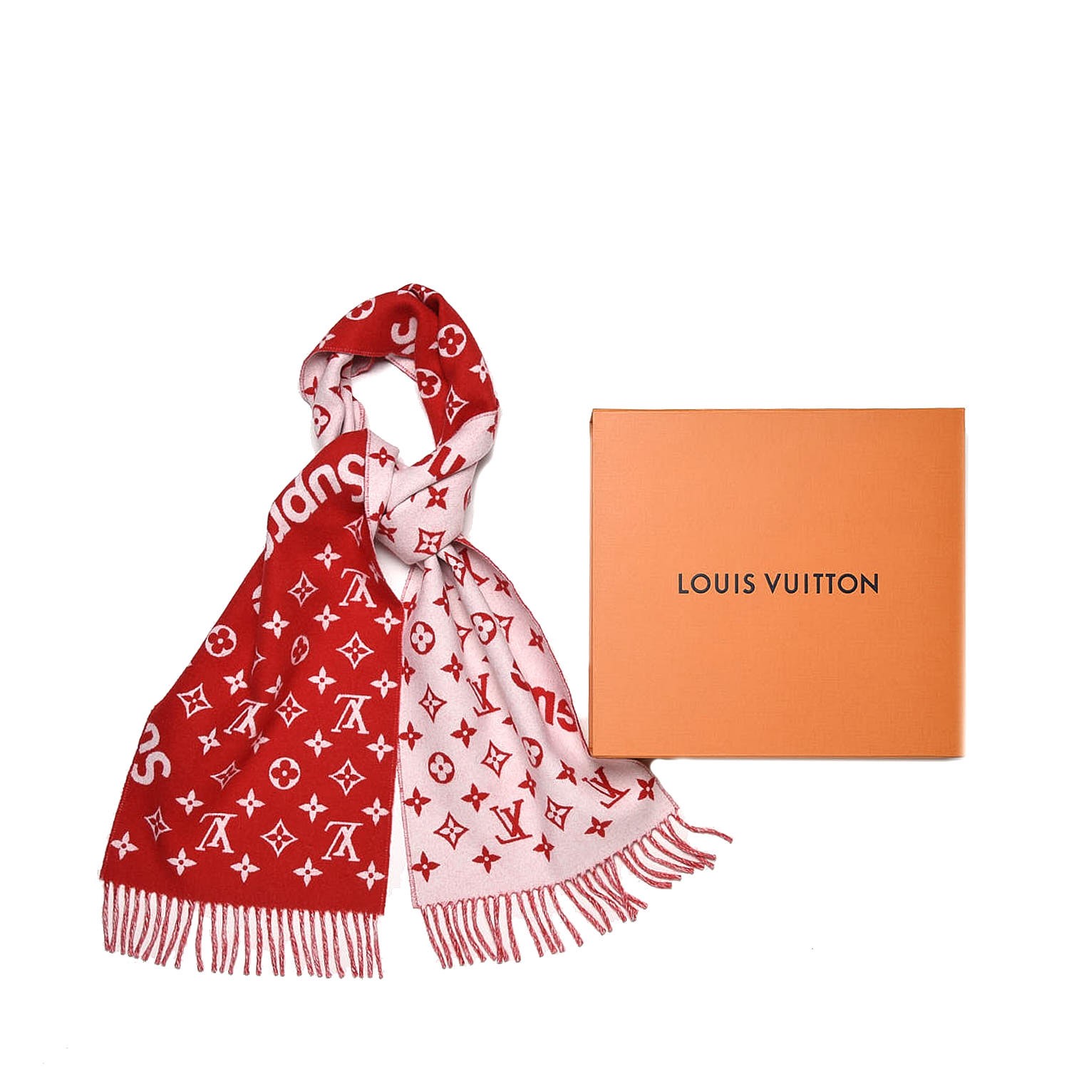 LOUIS VUITTON X Supreme Cashmere Wool Monogram Scarf Red 256271