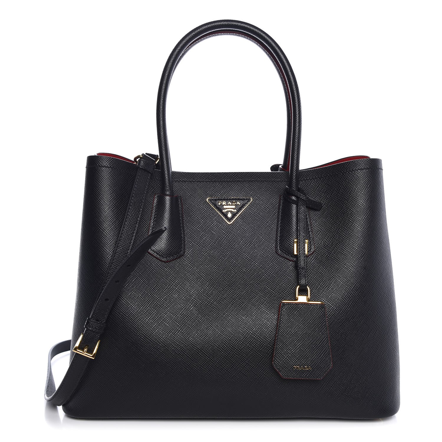 PRADA Saffiano Cuir Medium Double Bag Black Ciliegia 301063