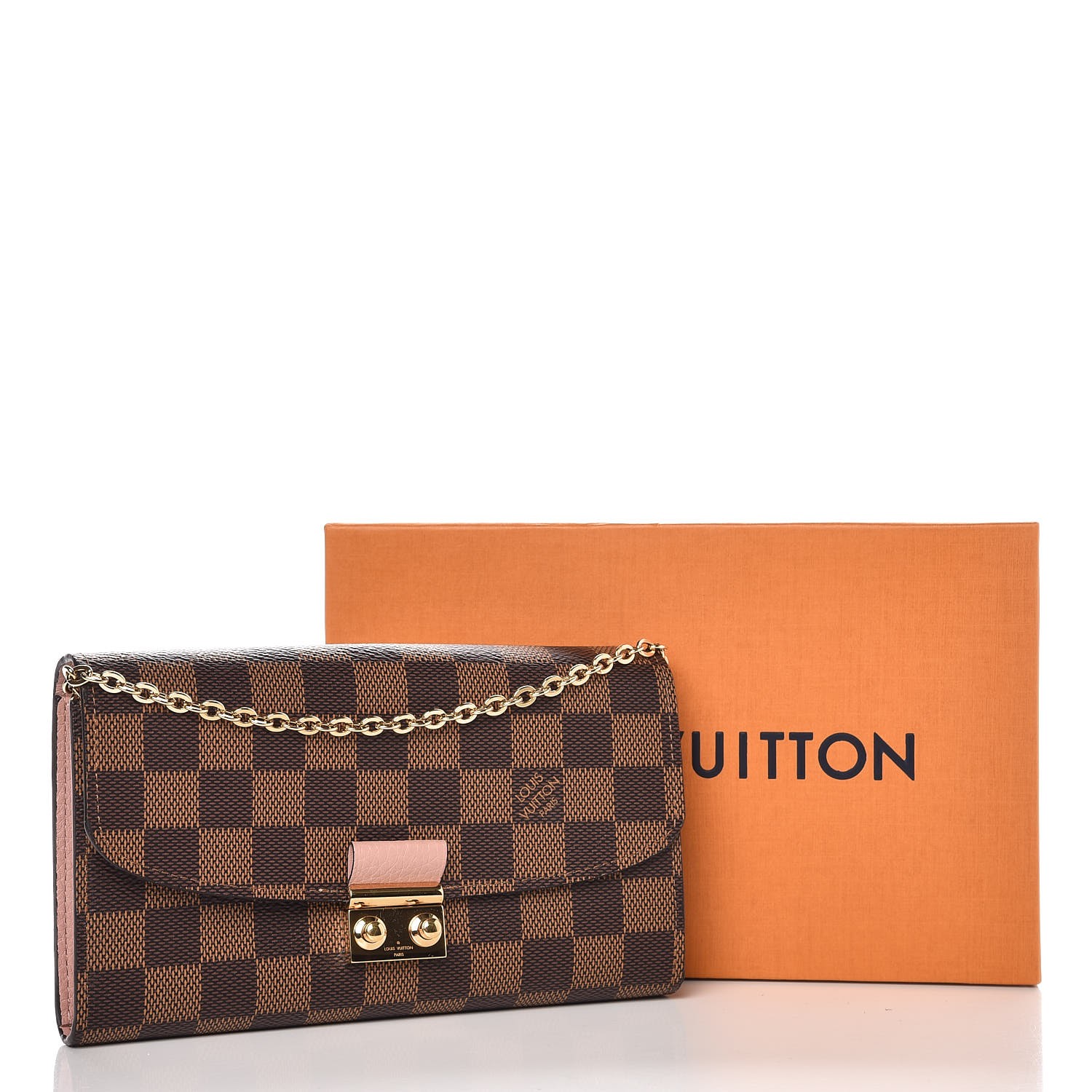 LOUIS VUITTON Damier Ebene Croisette Chain Wallet Rose Ballerine 260852