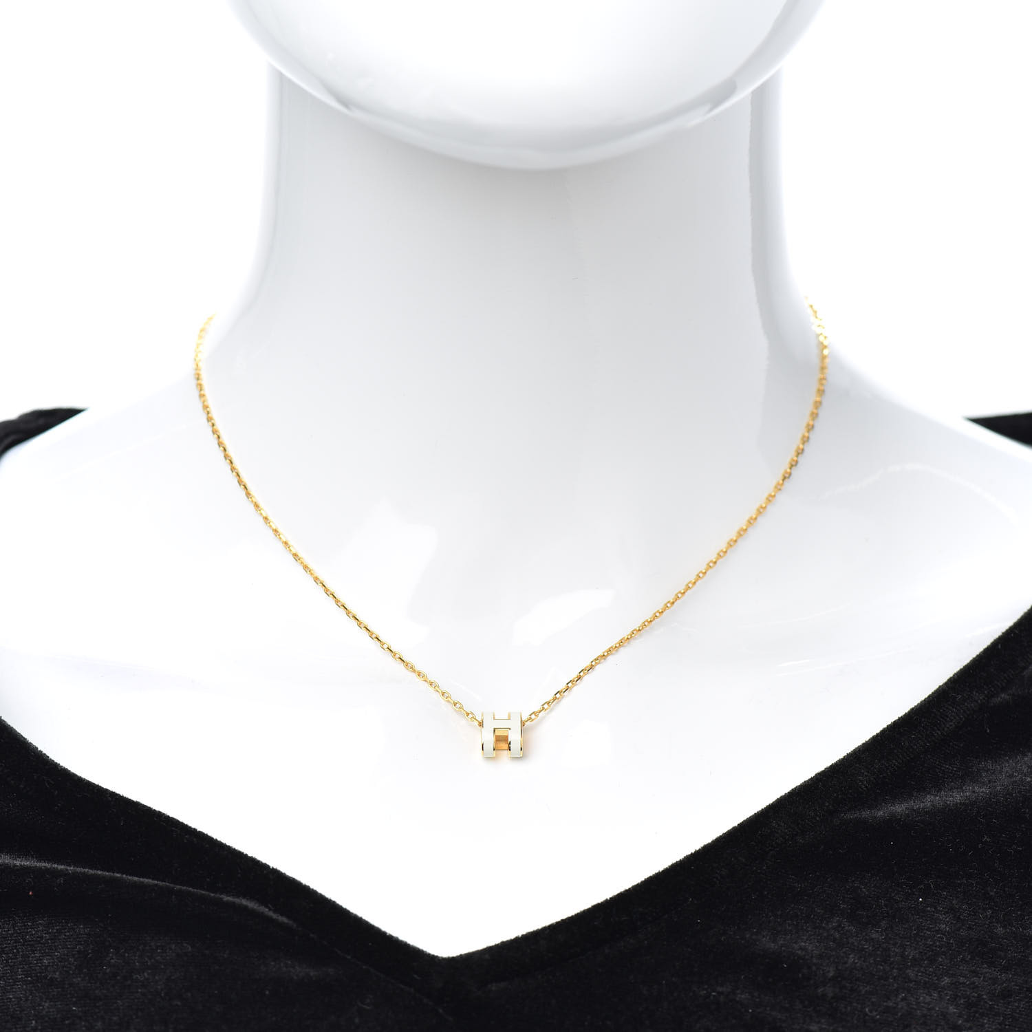 HERMES Lacquered Gold Mini Pop H Pendant Necklace White 754148