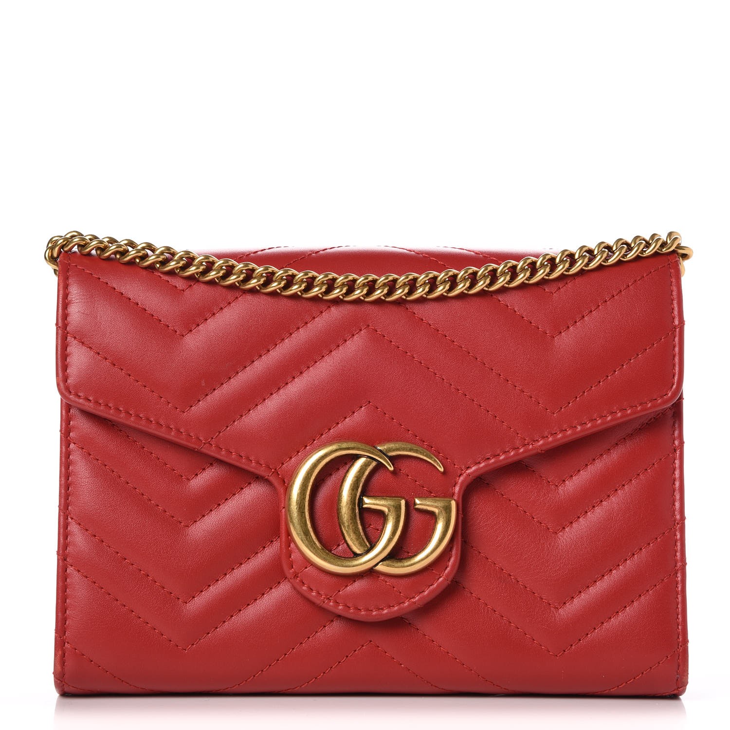 GUCCI Calfskin Matelasse GG Marmont Chain Wallet Red 322054