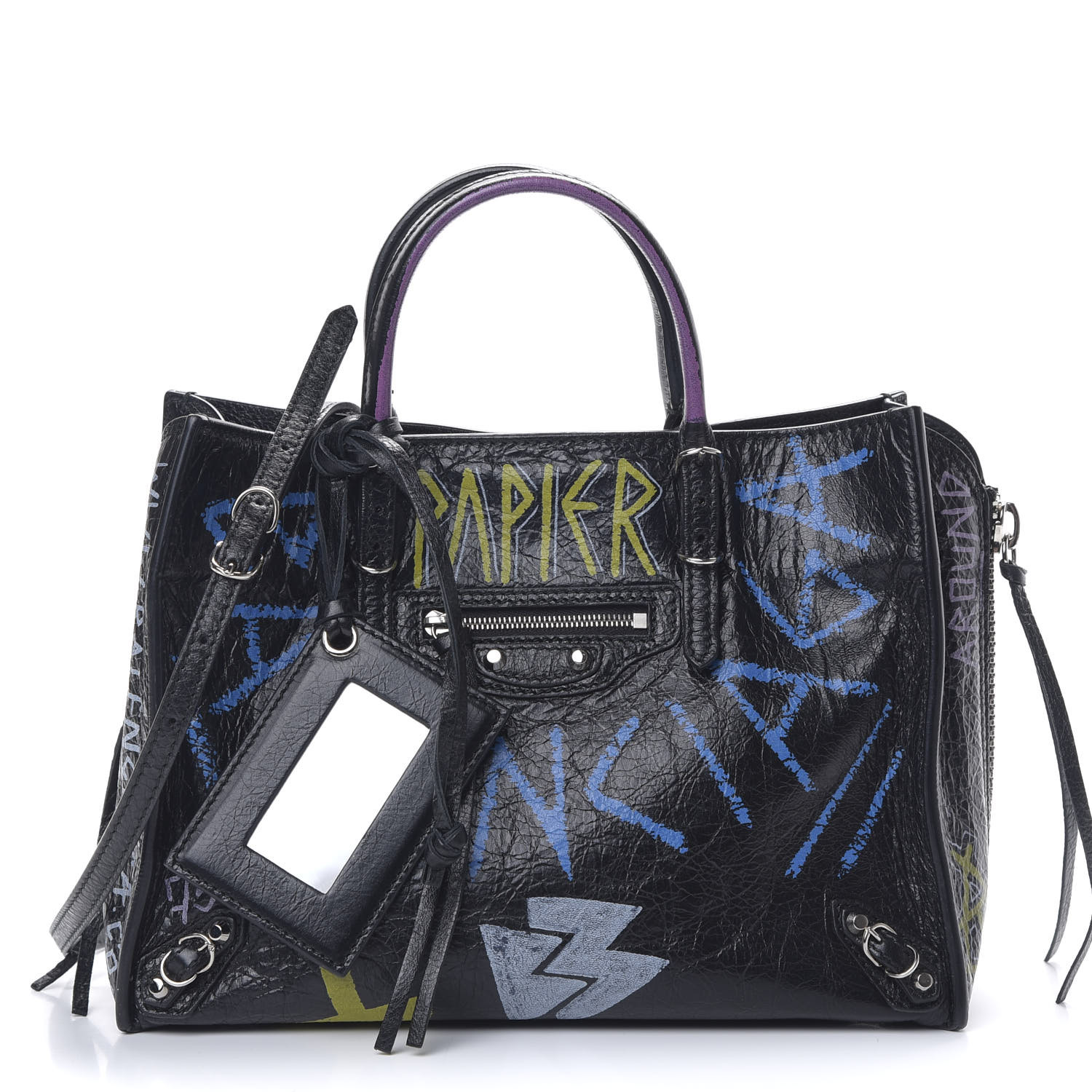 Balenciaga Agneau Graffiti Printed Papier A6 Zip Around Tote Black Fashionphile