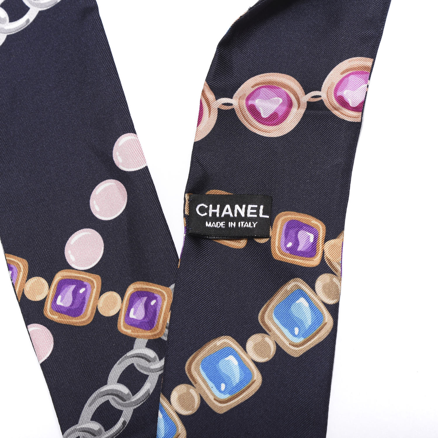 CHANEL Silk Pearl CC Chain Slim Bandeau Scarf Navy Blue 579279 ...