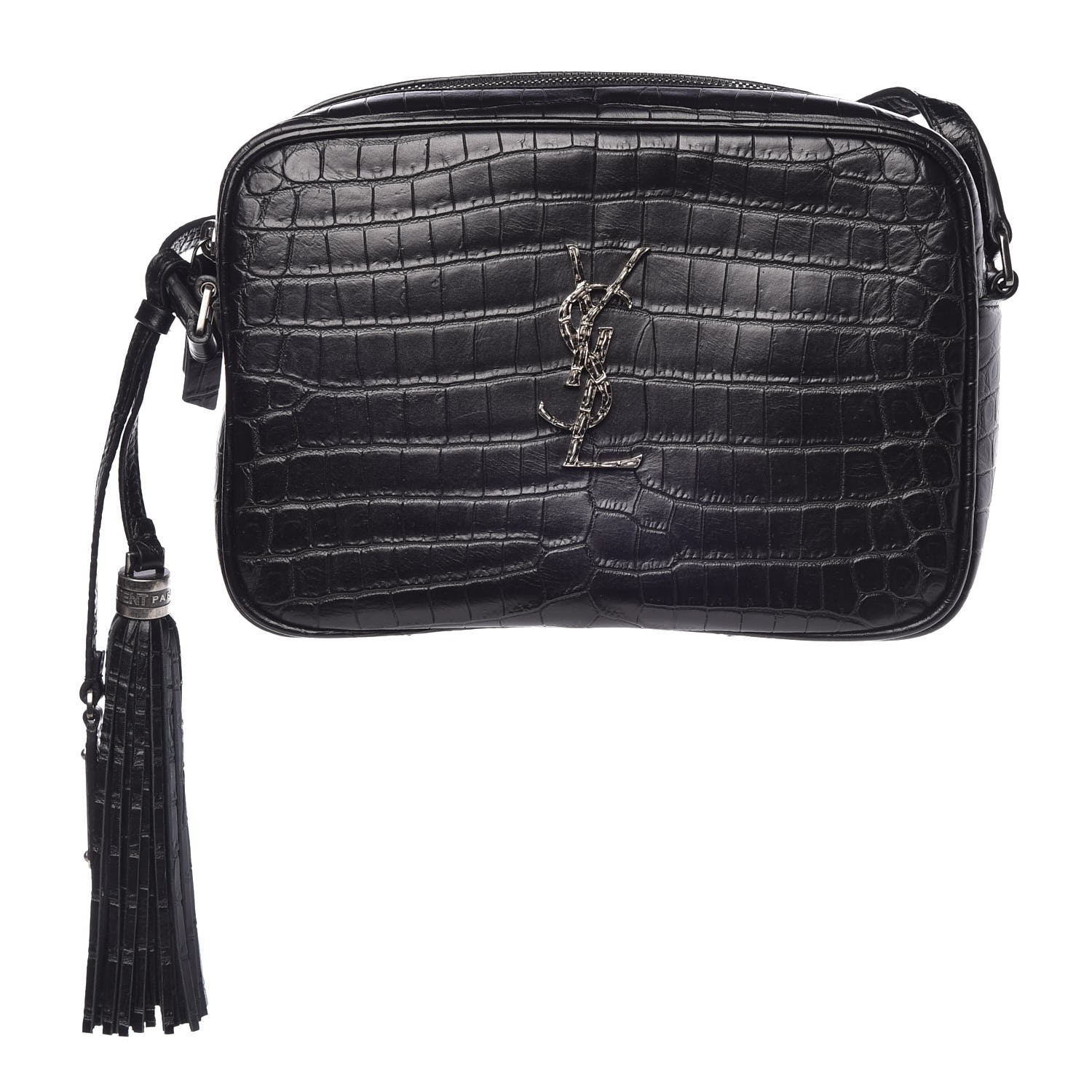 SAINT LAURENT Crocodile Embossed Calfskin Lou Camera Bag Black 339206