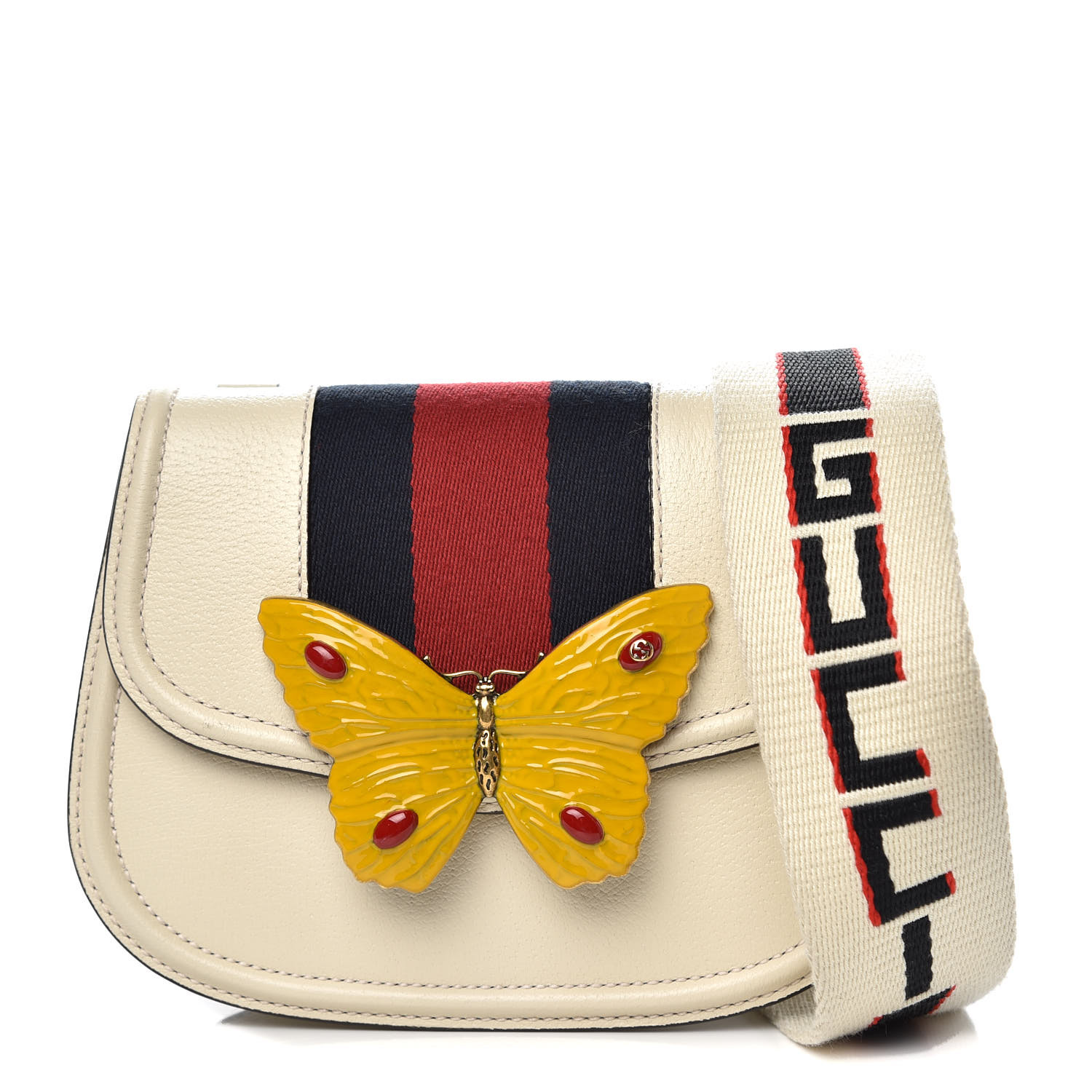 GUCCI Calfskin Small Linea Butterfly Totem Shoulder Bag White 358375