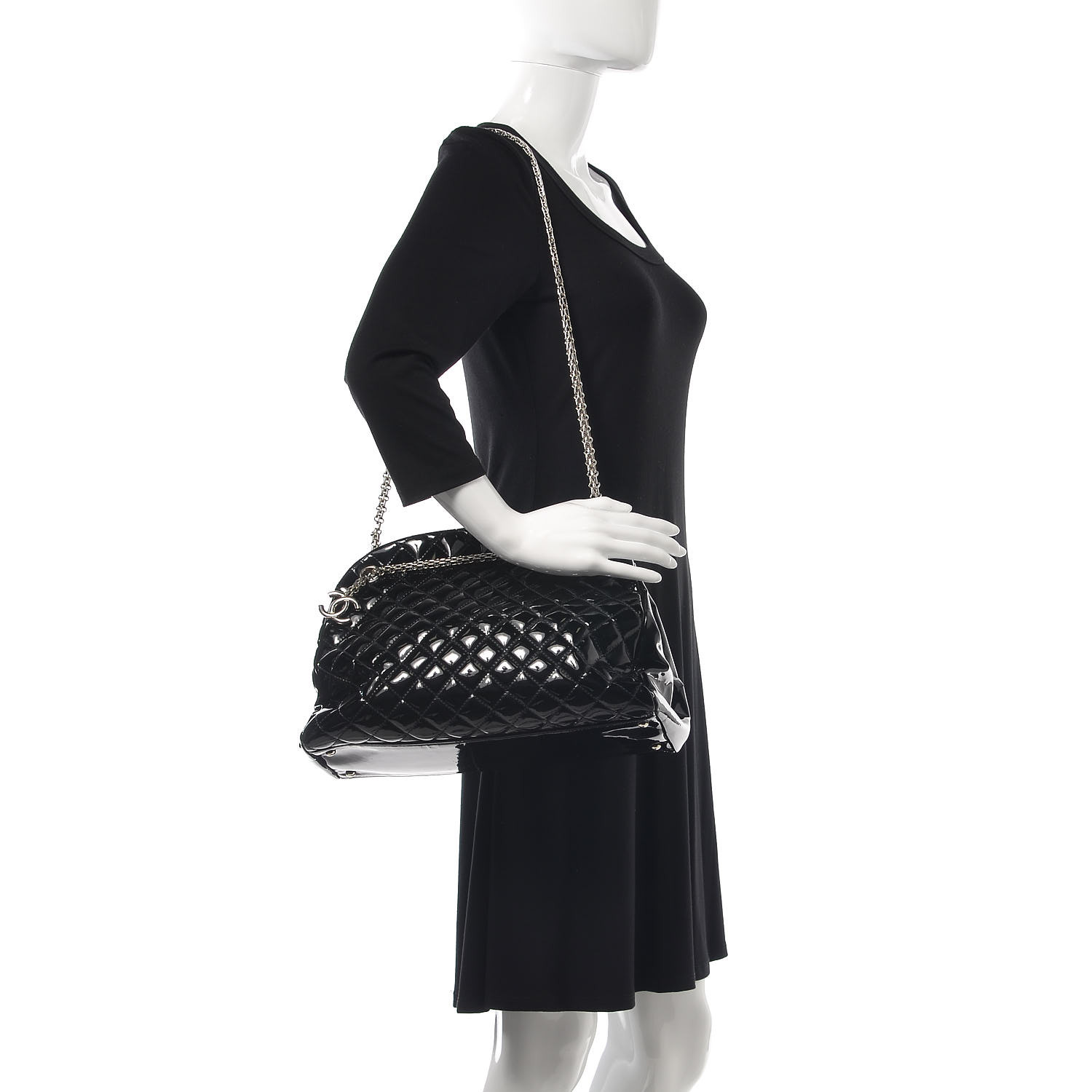 CHANEL Patent Quilted Large Just Mademoiselle Bowling Bag Black 359448