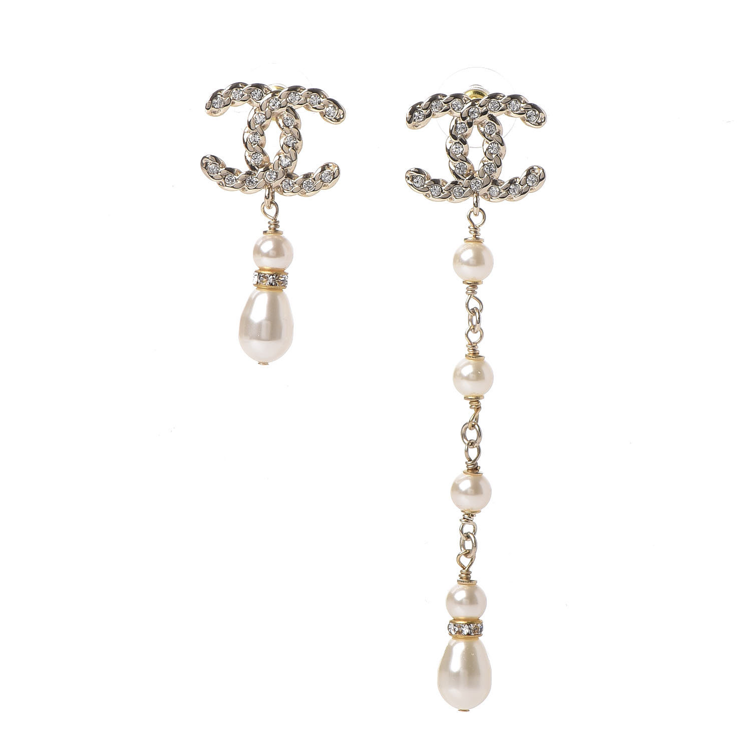 CHANEL Crystal Pearl Pearls Coronation Uneven Earrings Gold 421013