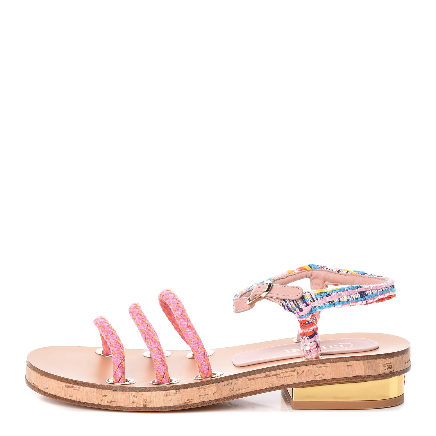 CHANEL Cork Tweed Cord Sandals 36.5 Pink Multicolor 422687