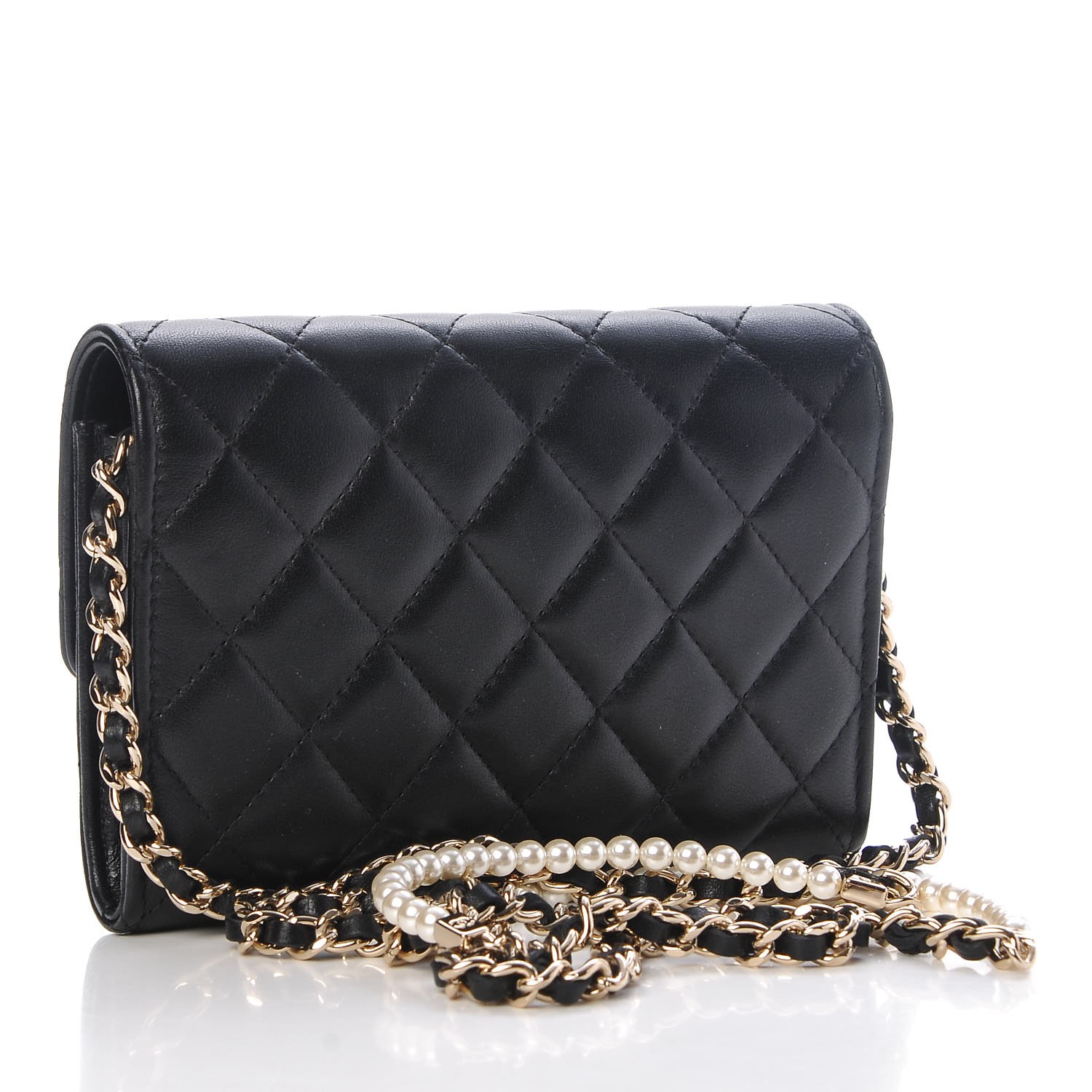 CHANEL Lambskin Quilted Pearl Clutch With Chain Black 298758